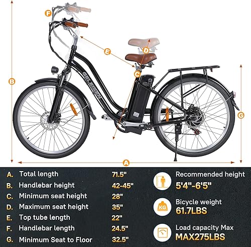 Miniatura 6 de Electric Bikes for Adults, 1000W Peak Electric City Cruiser 25Mph Step-Thru Electric Bicycle, 48V 696Wh36V 450Wh Removable Battery, 26" Ebikes for