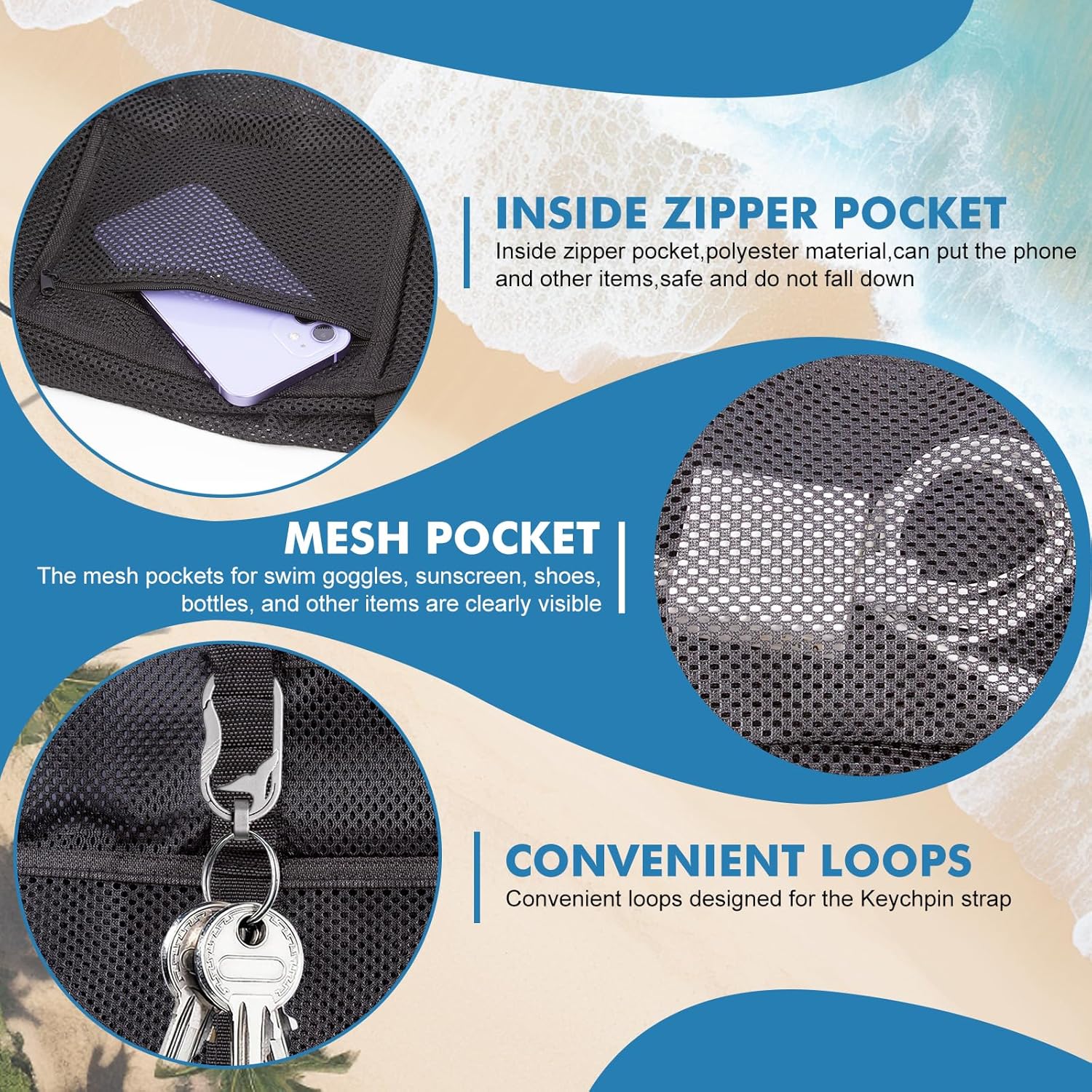 Mesh Beach Tote, Large Beach Bag for Family, Multi-Pocket Design Mesh Bag with Zipper Pocket - Perfect for Pool, Beach & Vacation Essentials, Black - Image 6