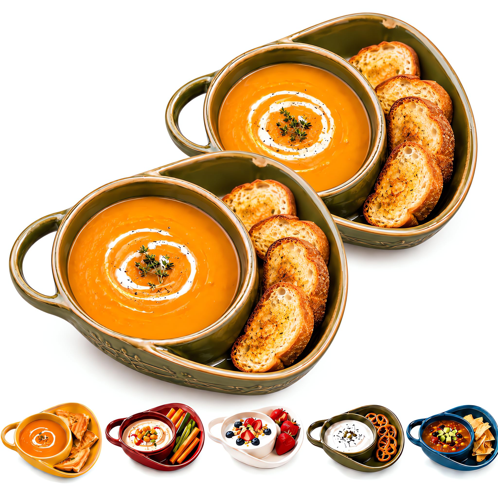 Ceramic Soup and Sandwich Bowl with Side Plate, Soup Bowl (Army Green*2) — image 1