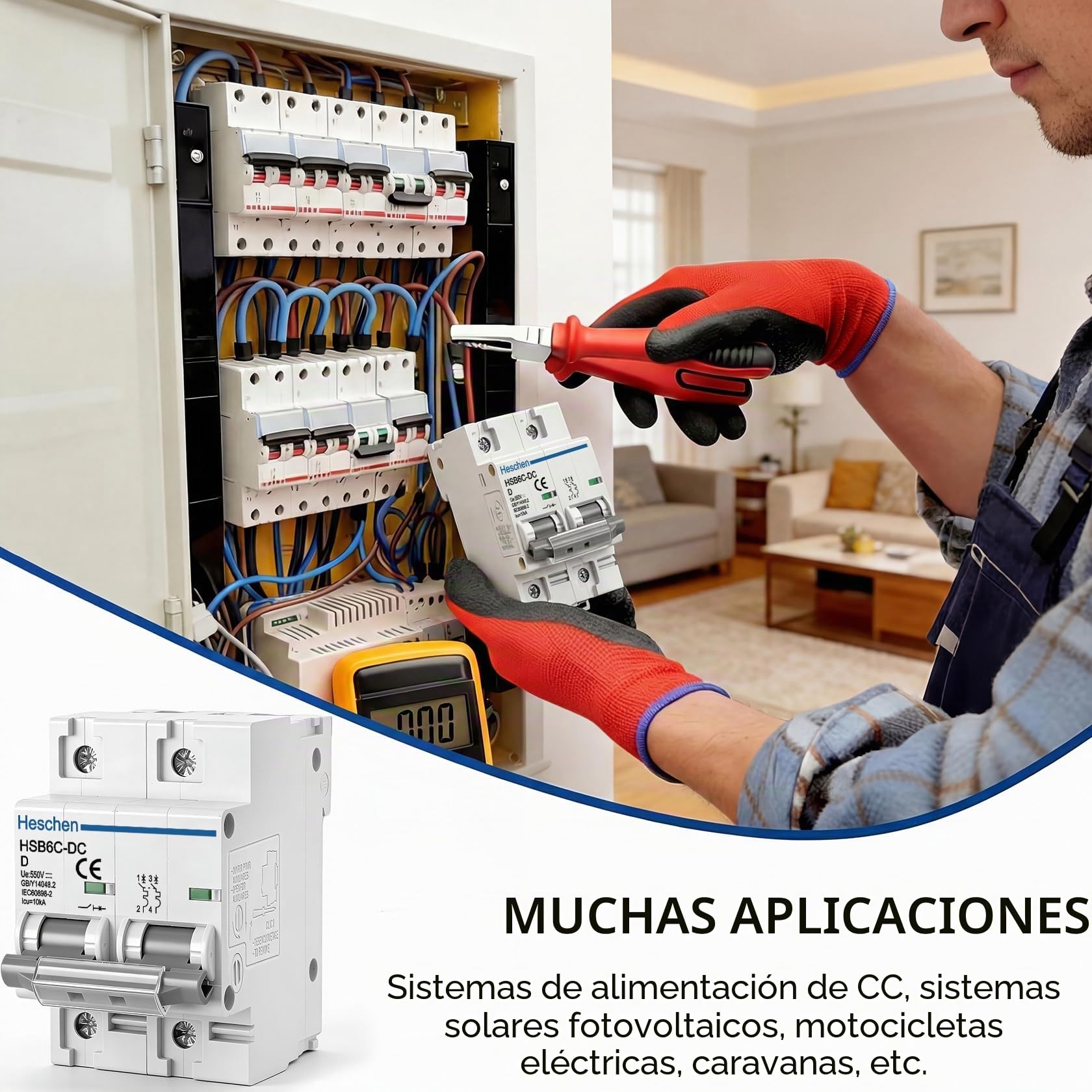 Heschen Interruptor de circuito en miniatura CC, HSB6C-DC, 2 polos, DC500V 125A, disyuntor fotovoltaico, para sistema solar fotovoltaico, sistema de rejilla de paneles solares, montaje en riel DIN de