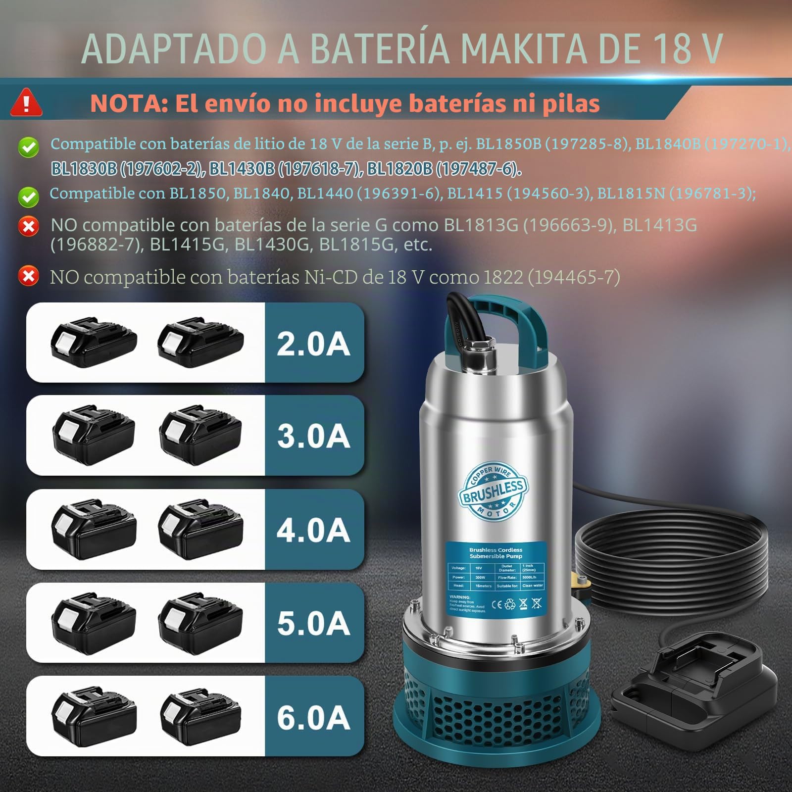 Bomba sumergible compatible con batería Makita de 18 V (sin batería) – 5000L/H Bomba de agua inalámbrica con manguera de 10 m, cable de conexión de 5 m, ideal para piscina, cama de agua, riego de