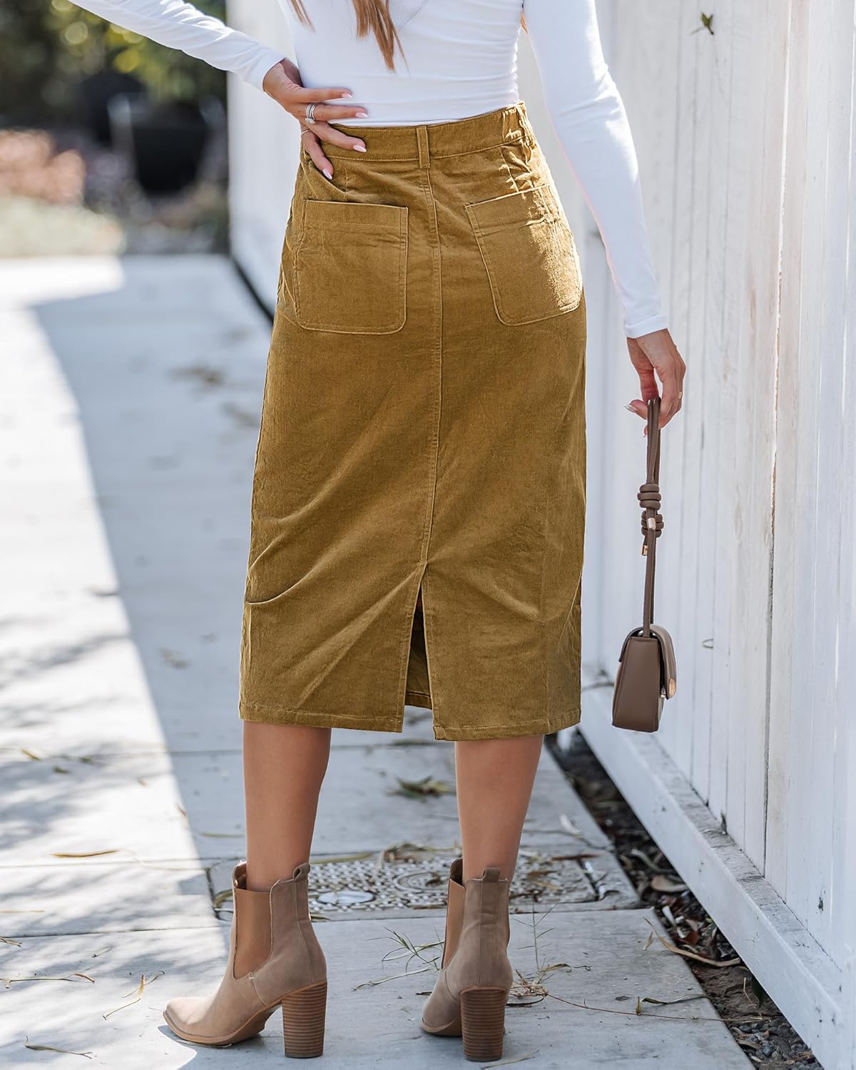 luvamia Corduroy Skirts for Women Midi Length High Waisted Trendy Fall Elastic Waist Casual Stretchy Welt Pockets Skirt
