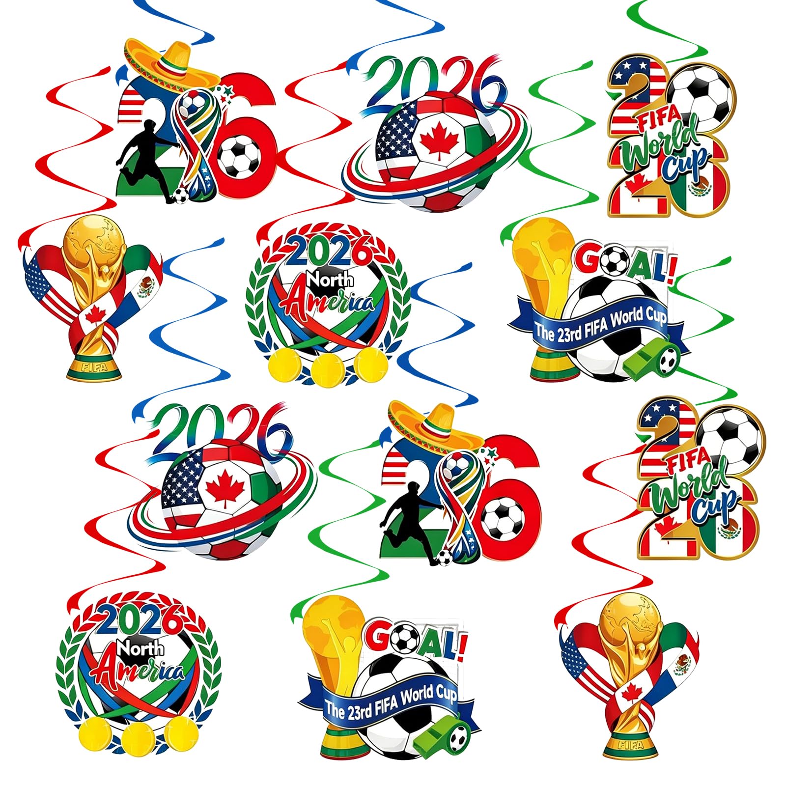 12 Pcs World Football Hanging Swirl, World Cup 2026 Decorations Ceiling Hanging Swirl Banner