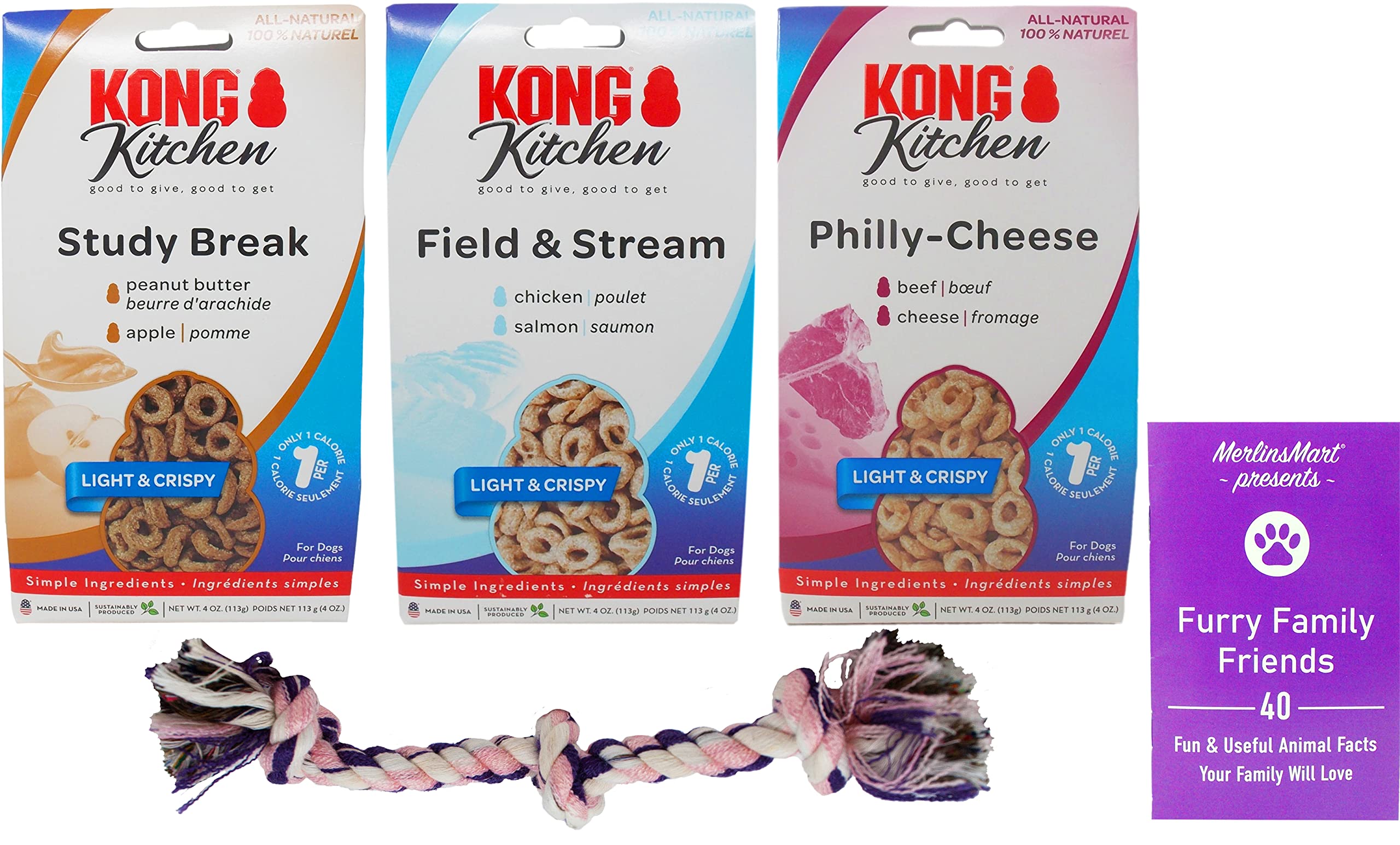 Kong Kitchen Light & Crispy Dog Biscuits Treats 3 Flavor Variety - (1) Each: Study Break, Philly-Cheese, Field & Stream (4 Ounces) Plus Rope Toy and Fun Animal Facts Booklet Bundle
