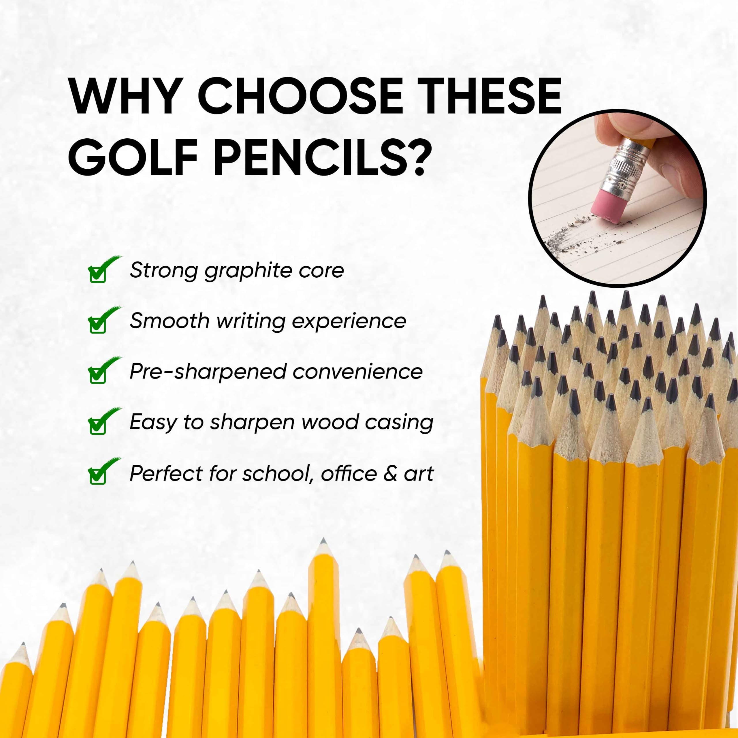 Lot de 150 mini crayons de golf HB #2 en vrac avec gomme, étui en bois de 8,9 cm, mini crayons pré-taillés en vrac pour enseignants, articles essentiels de classe, fournitures de rentrée