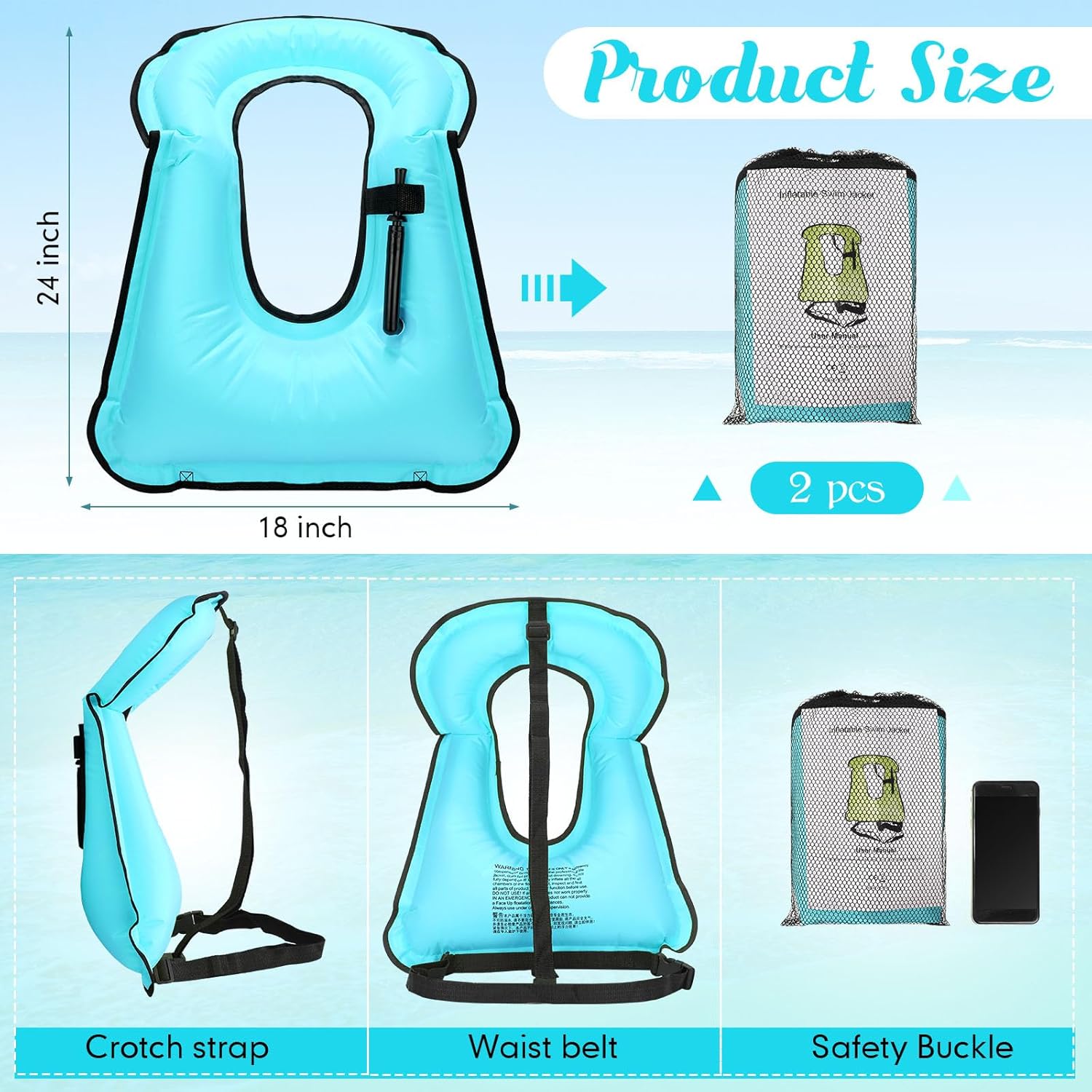 Deekin 2 Pcs Inflatable Vest for Adults with Adjustable Strap Fluorescent Color Inflatable Vest