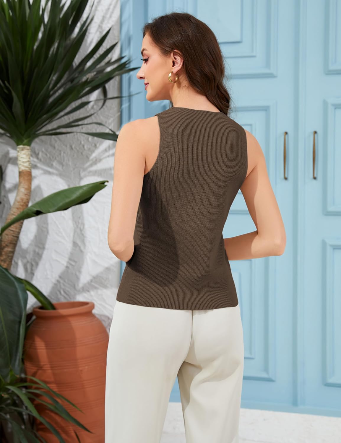 Yeokou Women Halter Cross Over Collar Tank Knit Sleeveless Top Solid Color Casual Summer Blouse - Image 4