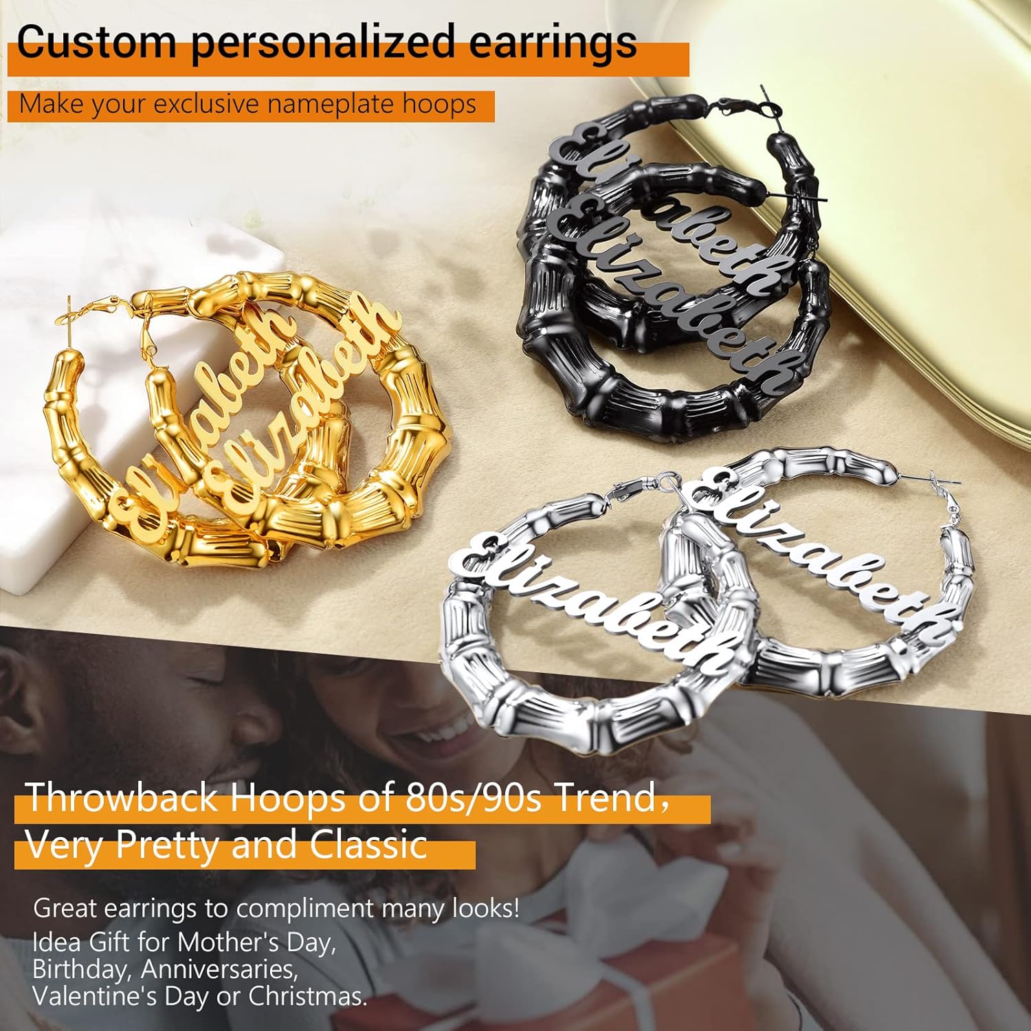 Novelty Bamboo Hoop Earrings For Women, Minimalist and Chic Jewelry, Black/18K Gold Plated Stainless Steel Earrings Hypoallergenic, Size:40mm/60mm/80mm, Come Box