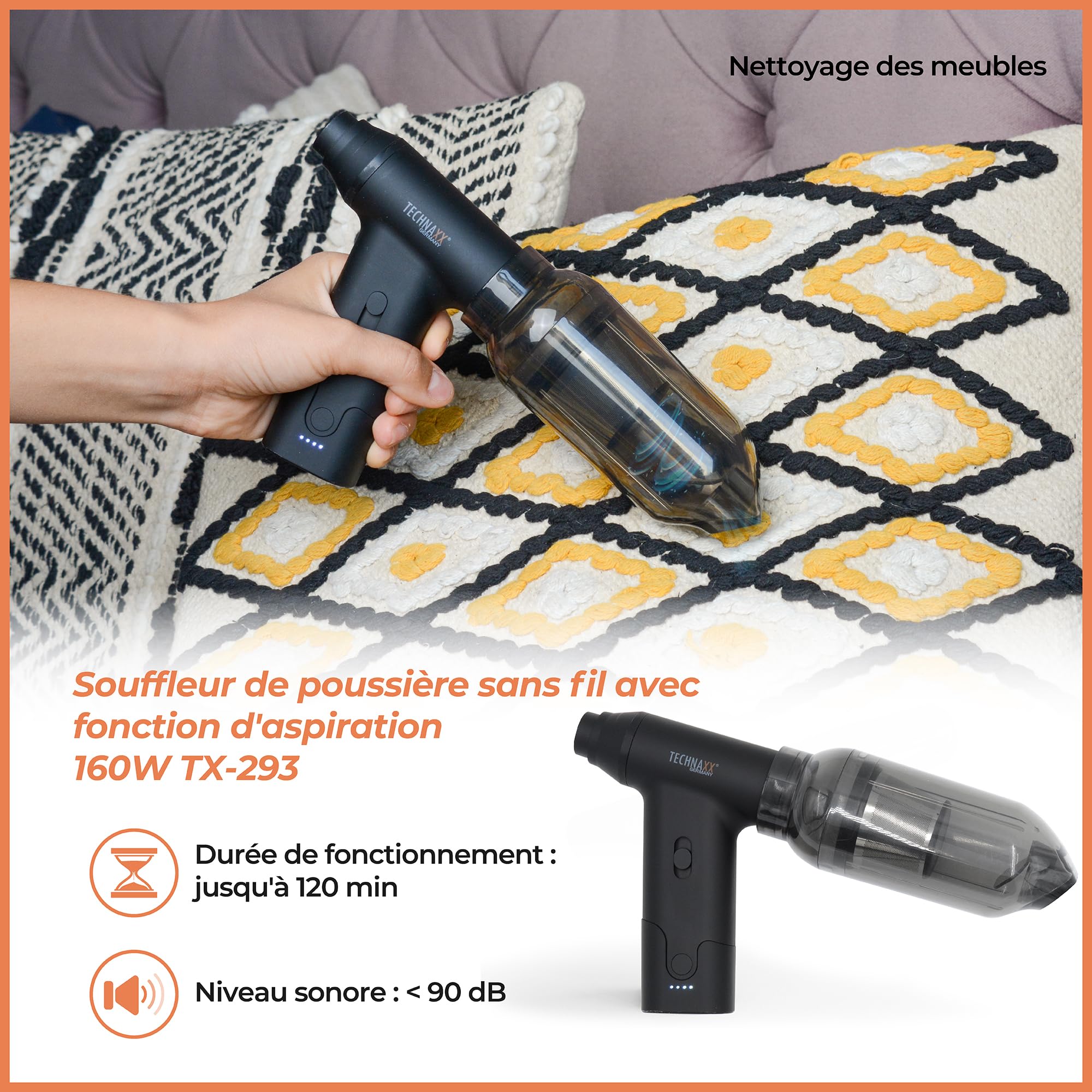 Aspirateur à main sans fil Technaxx avec dépoussiéreur à air, dépoussiéreur électrique rechargeable 160 W TX-293 – Contrôle de vitesse en continu, 5 buses polyvalents – Pour les voitures, les claviers