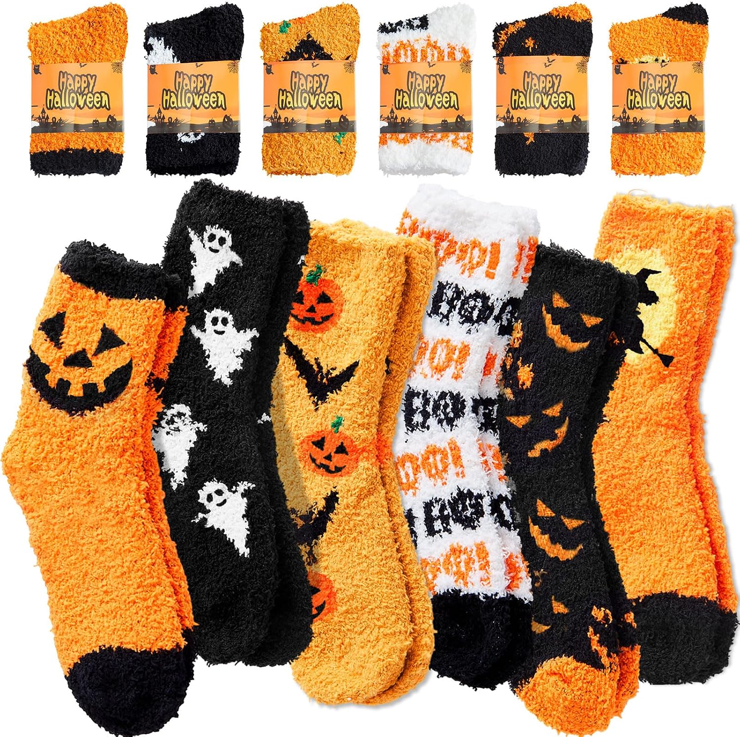 Geyoga 6 Pairs Halloween Fuzzy Socks Women with Gifts Cards