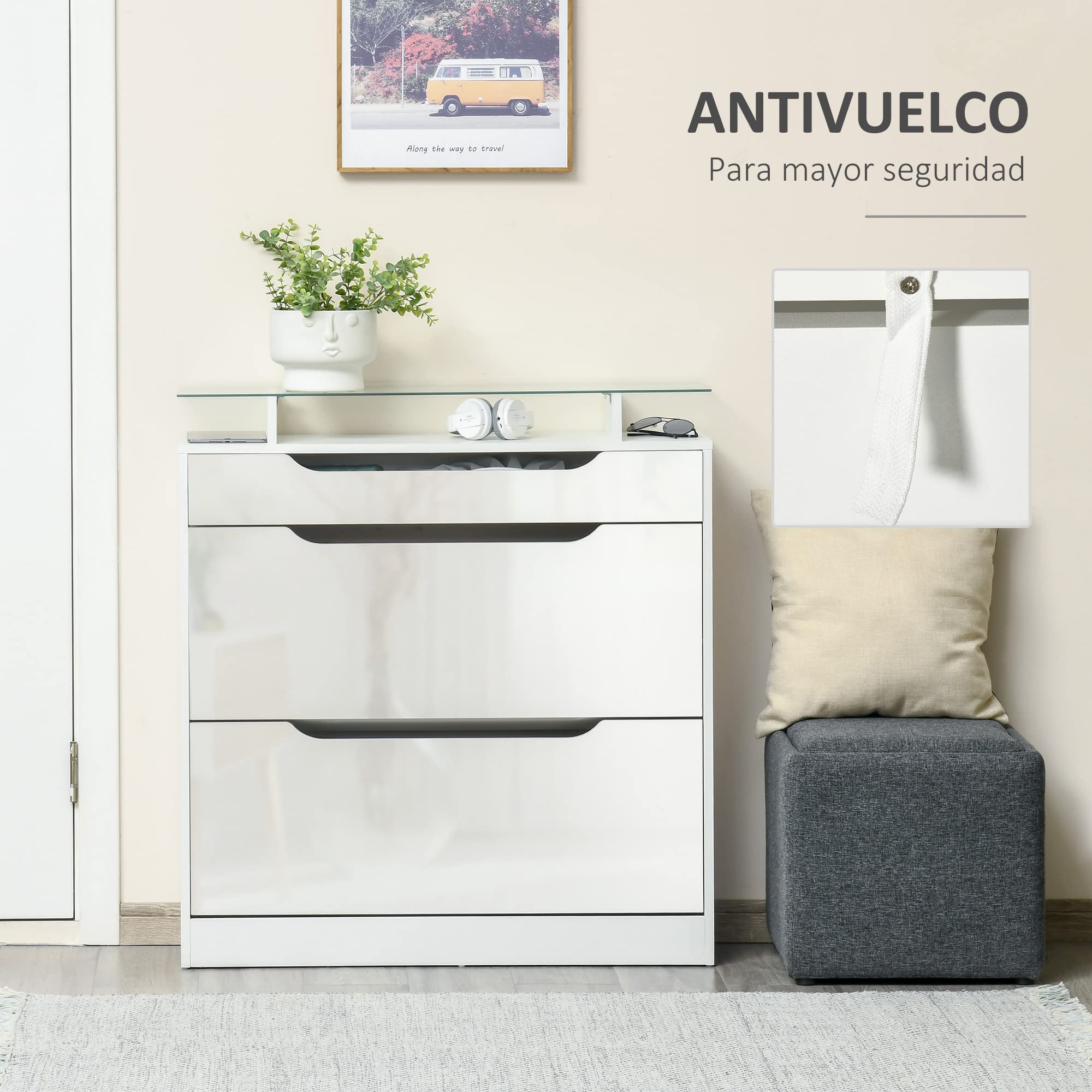 HOMCOM Mueble Zapatero de 2 Puertas Zapatero Estrecho para 16 Pares de Zapatos con Cajón Estante Abierto y Encimera de Vidrio para Pasillo Entrada 89x23x96 cm Blanco