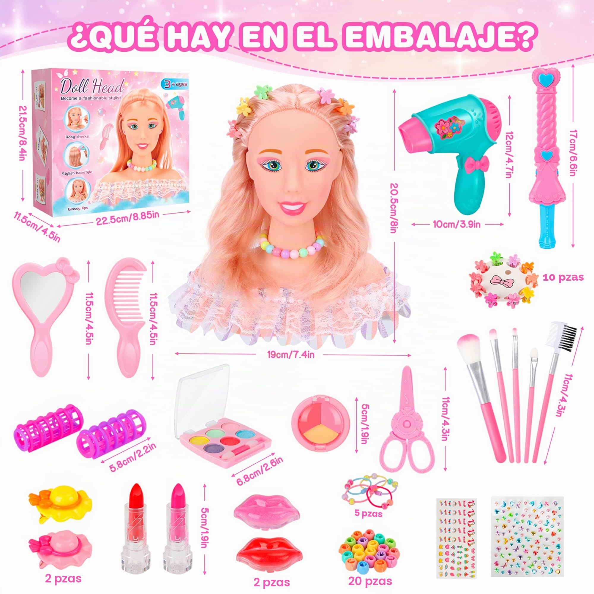 MOMOSTAR Cabeza Muñeca para Peinar y Maquillar, 58 Piezas Cabeza de Peluquería para Niños con Accesorios, Busto Muñeca Peinar y Maquillar para niña 3 4 5 6 Años Regalos Cumpleaños Navidad