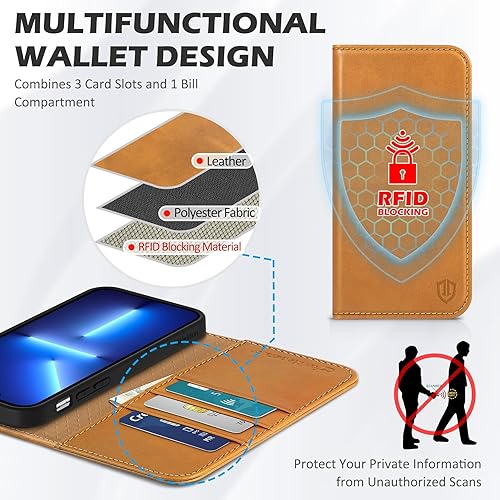 Miniatura 3 de SHIELDON Funda para iPhone 13 5G, piel auténtica, duradera, con función atril, bloqueo RFID, tarjetero de crédito, magnética, a prueba de golpes,
