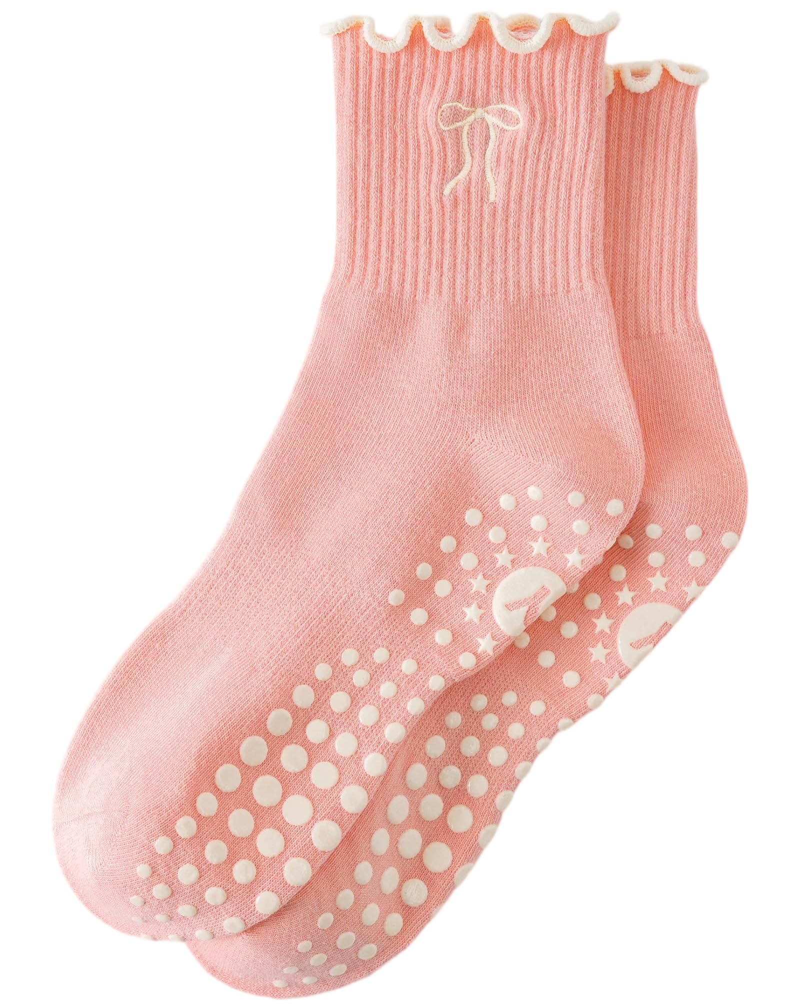 Yawlsow Cute Ruffle Pilates Grip Socks, Crew Grippy Socks Women Non Slip