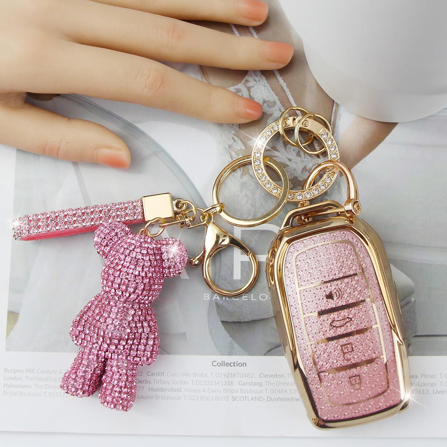 Cute Key Fob Cover with Rhinestone Bear Charm, Bling TPU Smart Key Case for Women, Compatible with Toyota Hilux Corolla Land Cruiser Venza RAV4 prime Sienna Fortuner (4-Button, Gold Pink) image 3