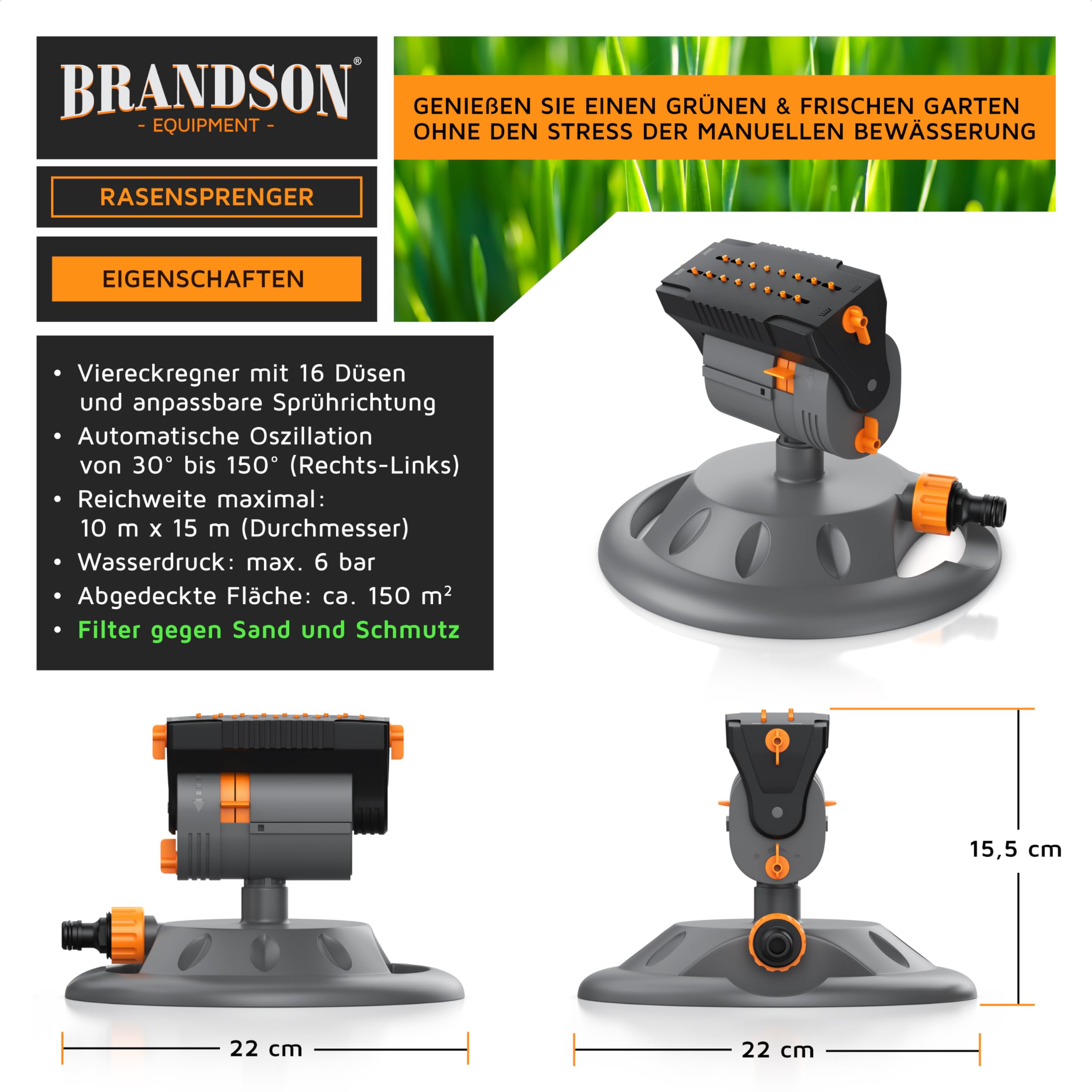 Brandson - Garten Rasensprenger 3/4 Zoll 16 Düsen - Gartensprinkler mit Standfuß – Oszillation-Funktion – Einstellbarer Sprühwinkel kleine Fläche große Flächen – Inkl Adapter 1/2 Zoll