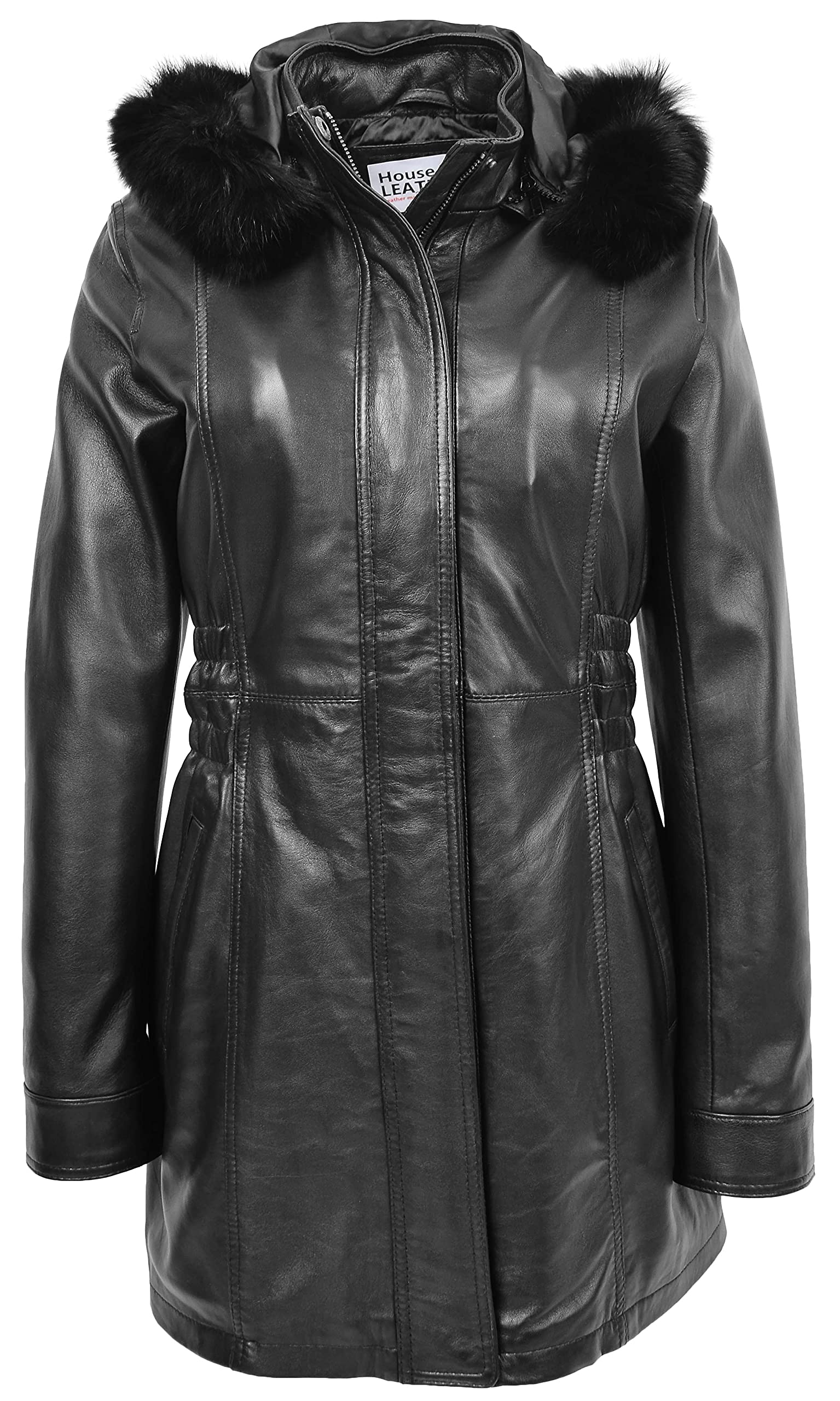 House Of Leather Women's Black Real Leather Coat Detachable Hoodie Parka Kathy (22, )