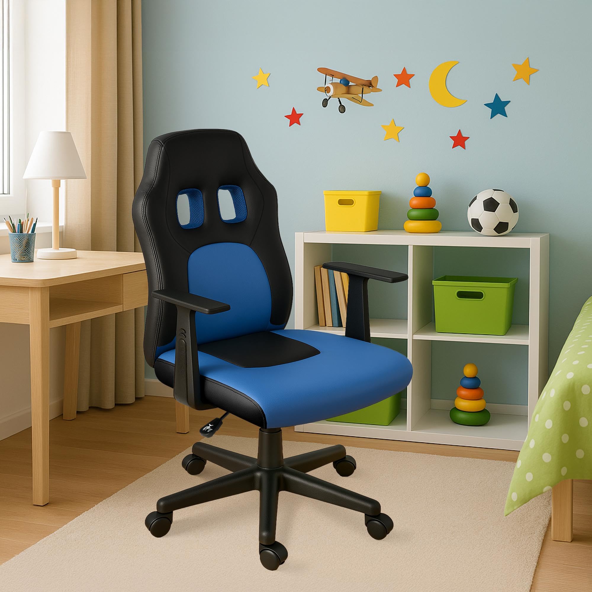 CLP Sedia ergonomica per bambini e ragazzi Fun, poltrona regolabile in altezza con rivestimento in ecopelle, braccioli rimovibili, Colore:nero/blu