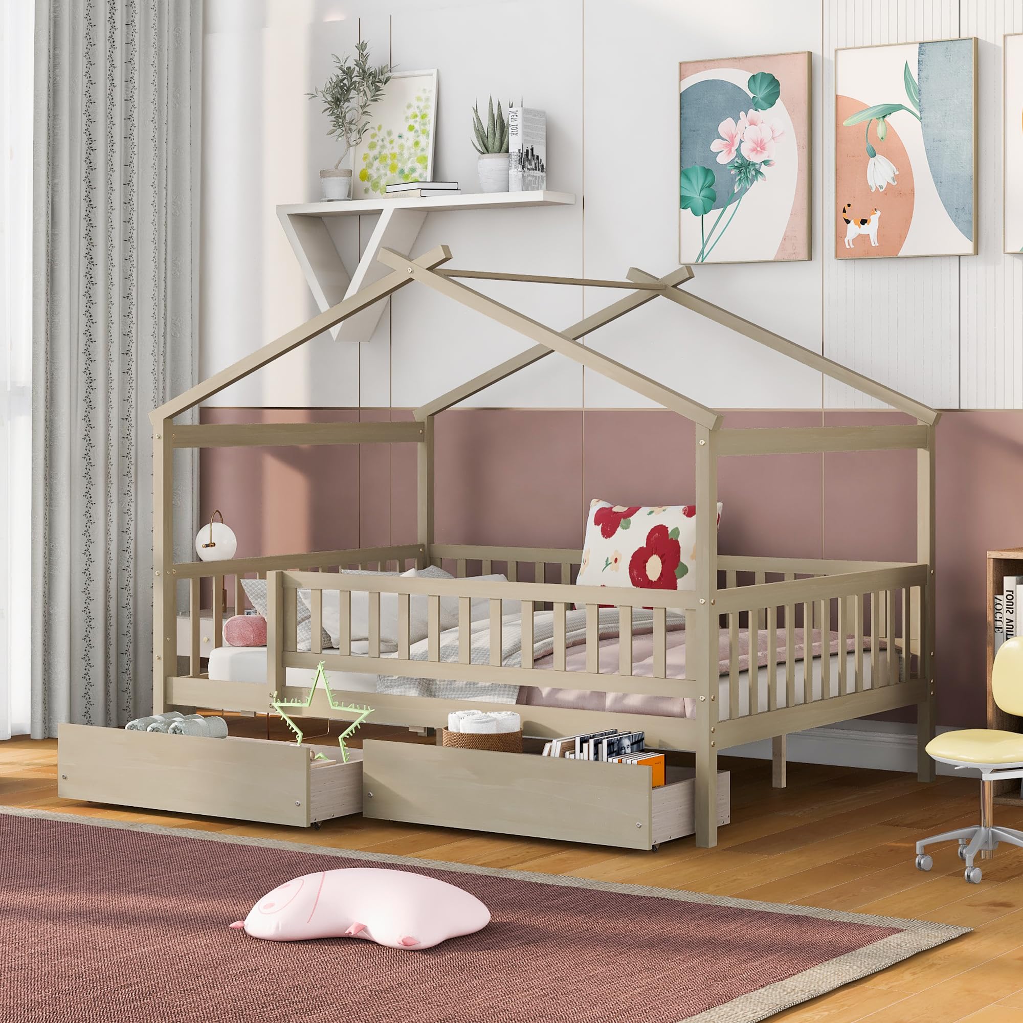 Merax Full Size Wooden House Bed with Two Drawers, Wood Bed Frame with Roof and Safety Guardrail for Kids, Teens, Boys or Girls, Natural