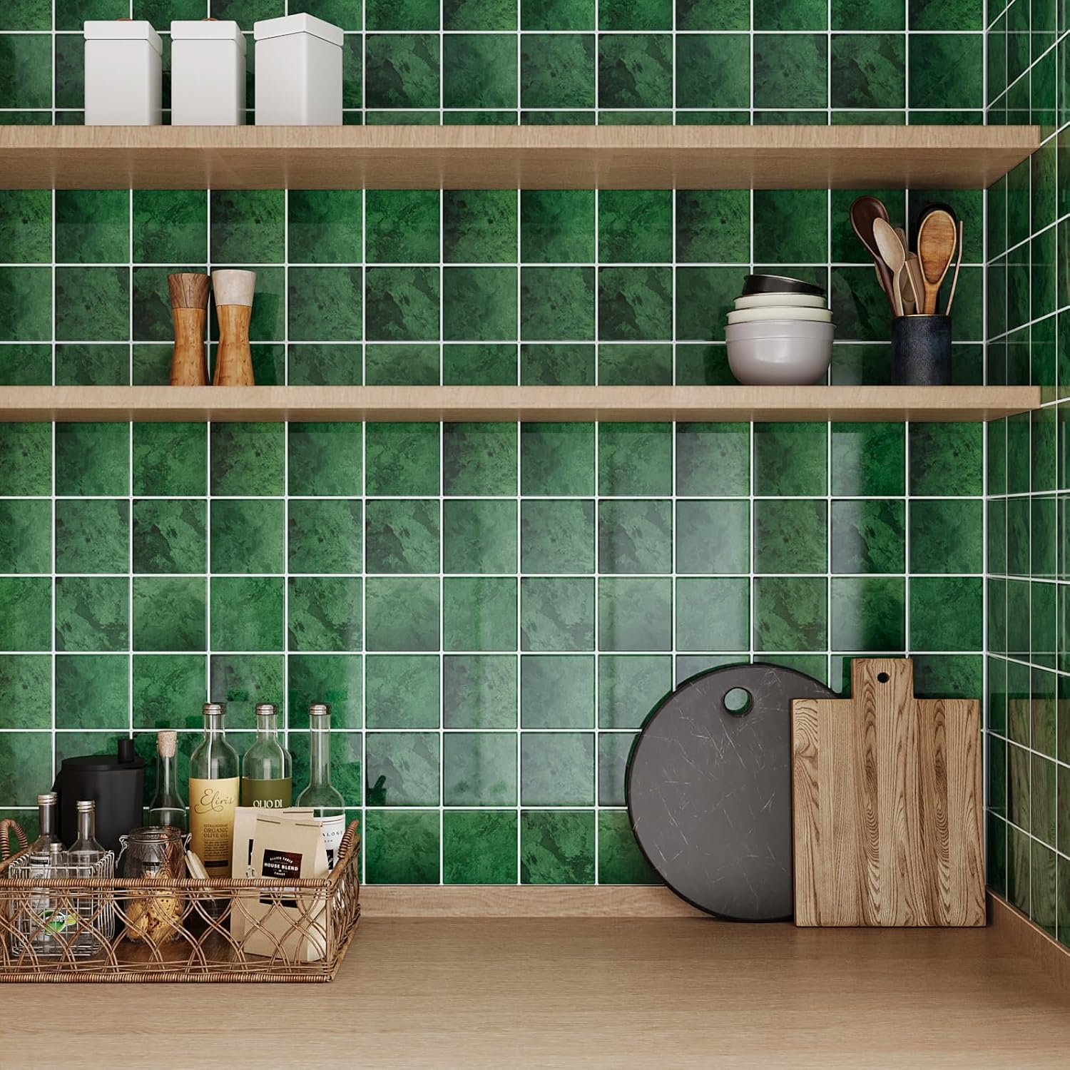 VaryPaper 20 Sheets Emerald Green Square Tile Peel and Stick Backsplash 12''x12'' 3D Checkered Adhesive Vinyl Tile Sticker Removable Waterproof Back Splash Stick on Tiles for Kitchen Bathroom Shower