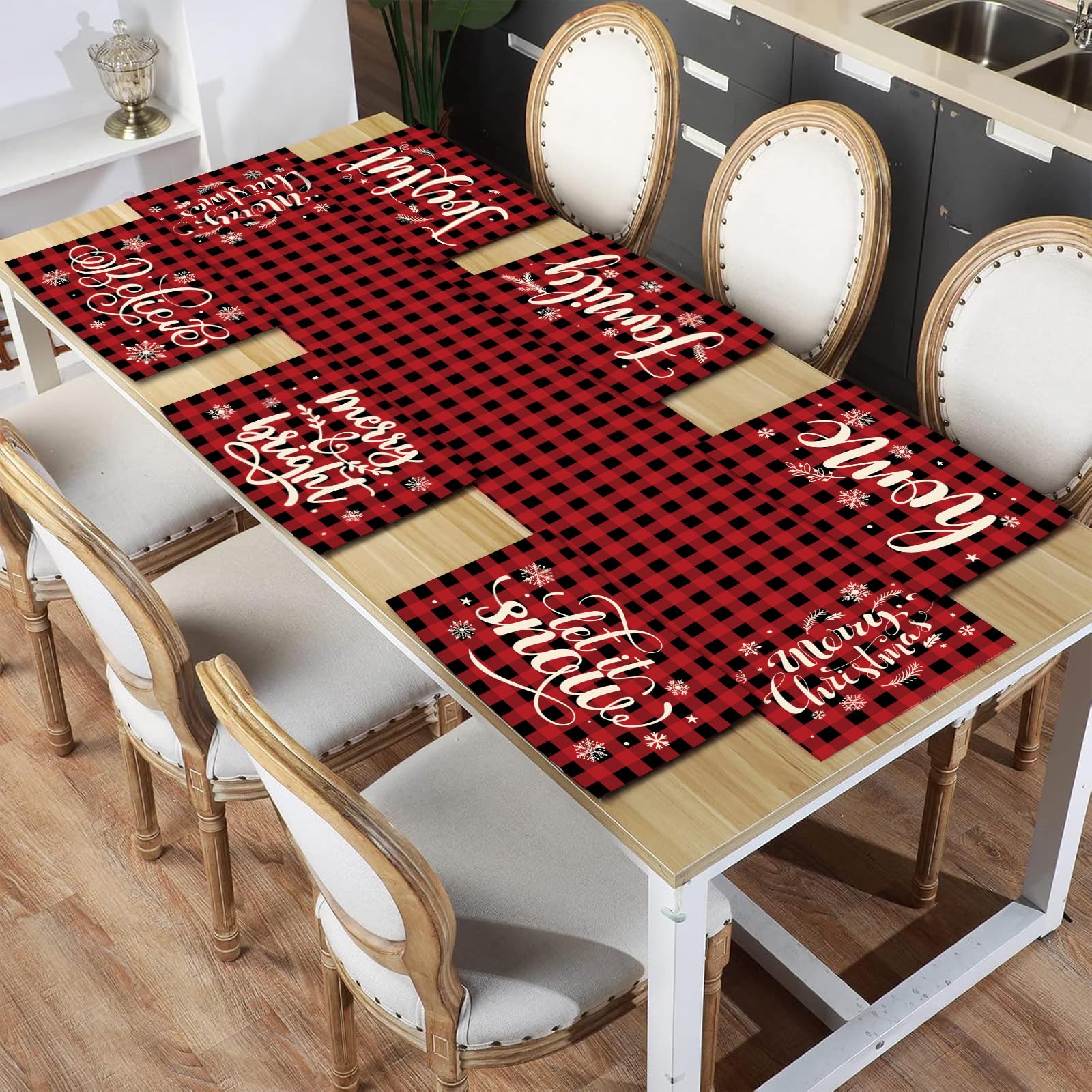 7 Pieces Christmas Table Runner and Placemats Set Christmas Buffalo Plaid Table Runner Placemats for Holiday Kitchen Dining Home Xmas Party Decoration(Artsy Style)