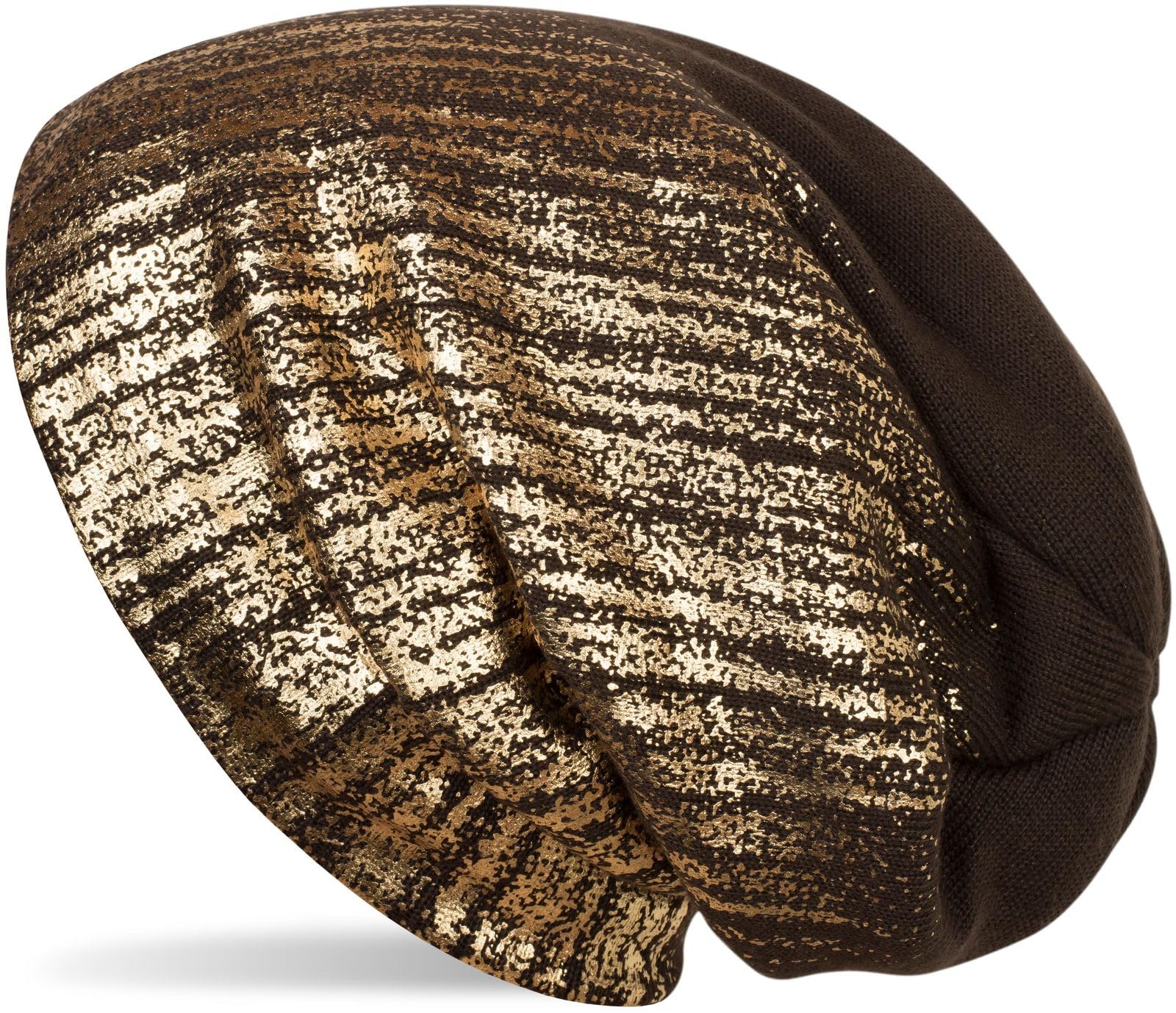 styleBREAKER Warm fine-Knit Beanie with Metallic Print and Fleece Lining, Slouch Long Beanie, Unisex 04024132, Colour:Dark Brown/Gold