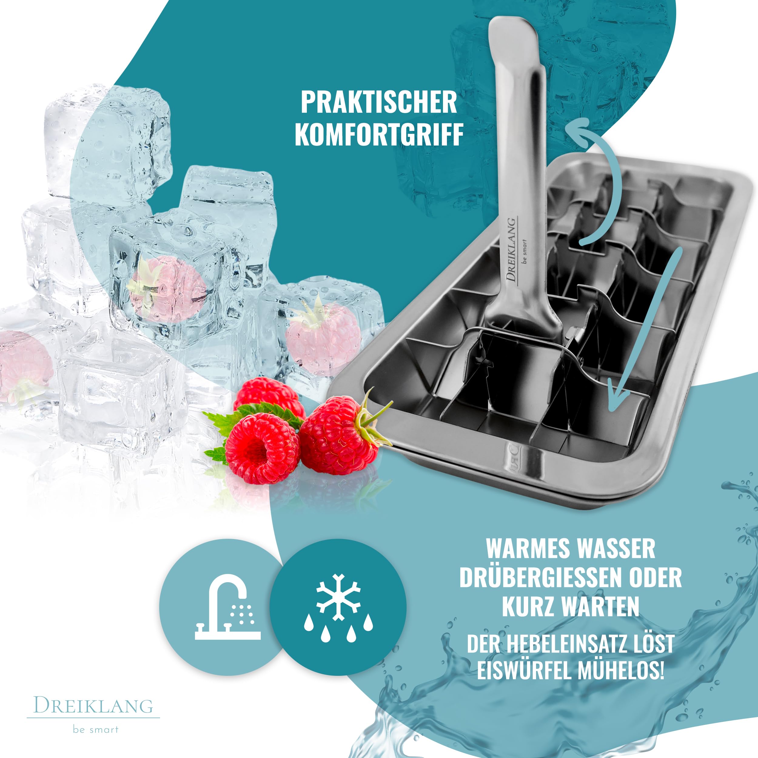 Dreiklang - be smart Cubitera Acero Inoxidable Set de 2 18/8 pulido con Palanca – Molde Hielo sin plástico & alimentario para 36 cubitos Ice Cube