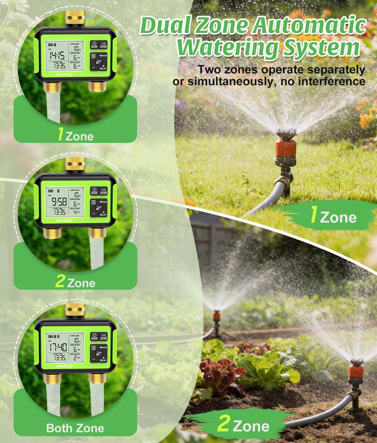 Timer irrigatore con uscita di ingresso in ottone per tubo da giardino, timer per tubo dell'acqua da esterno a 2 zone con ritardo della pioggia/auto/manuale/blocco bambini, controller di irrigazione a