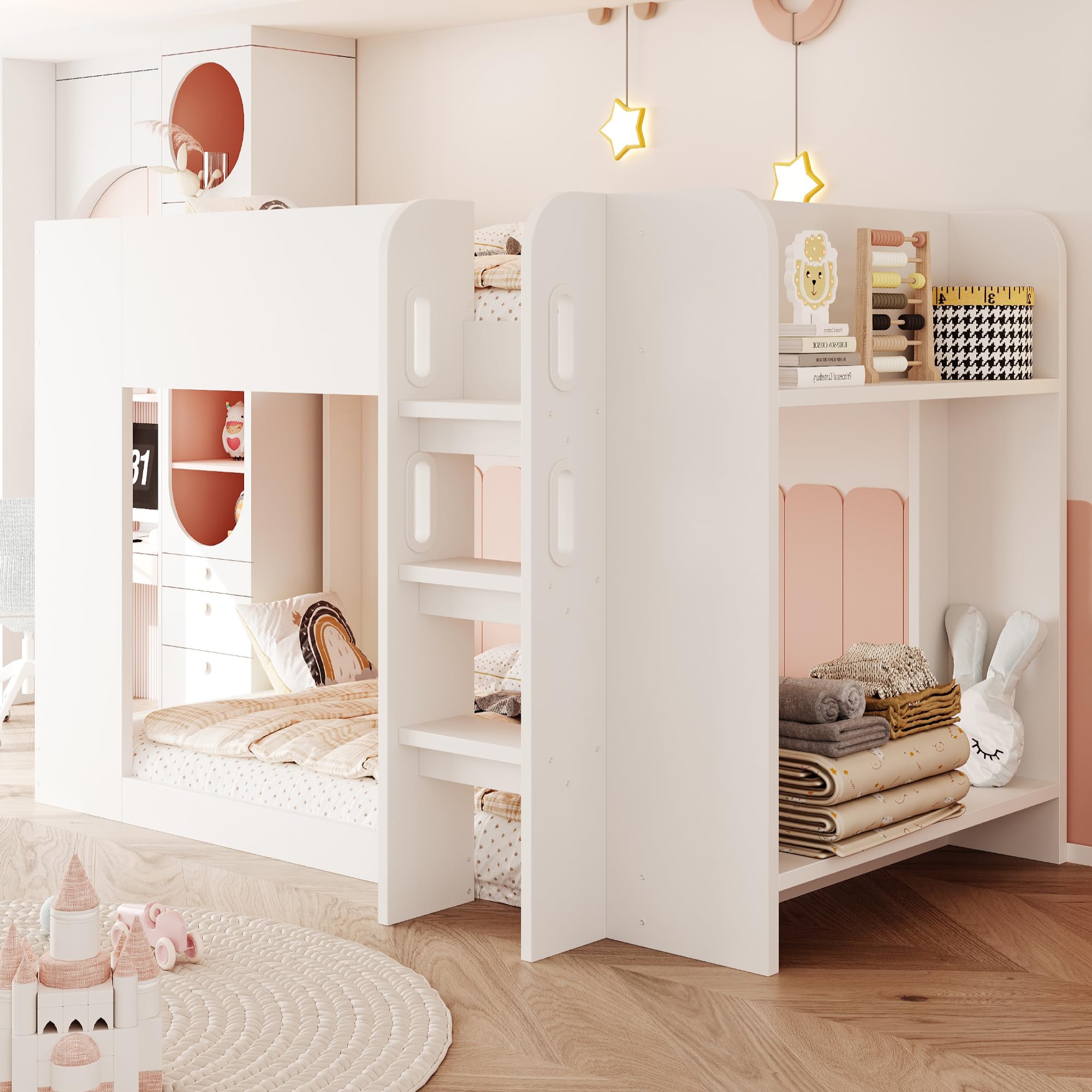 Merax Lit superposé pour enfant 90 x 200 cm avec grille de sécurité, échelle de sécurité, compartiment de rangement à double étages et sous-lit personnalisable - Blanc (sans matelas)