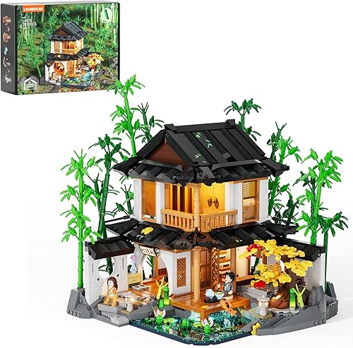 Bamboo-House Lighting - Juego de ladrillos de construcción Colección de luces LED retro de bambú chino para cabaña y casa del árbol, 2432 piezas