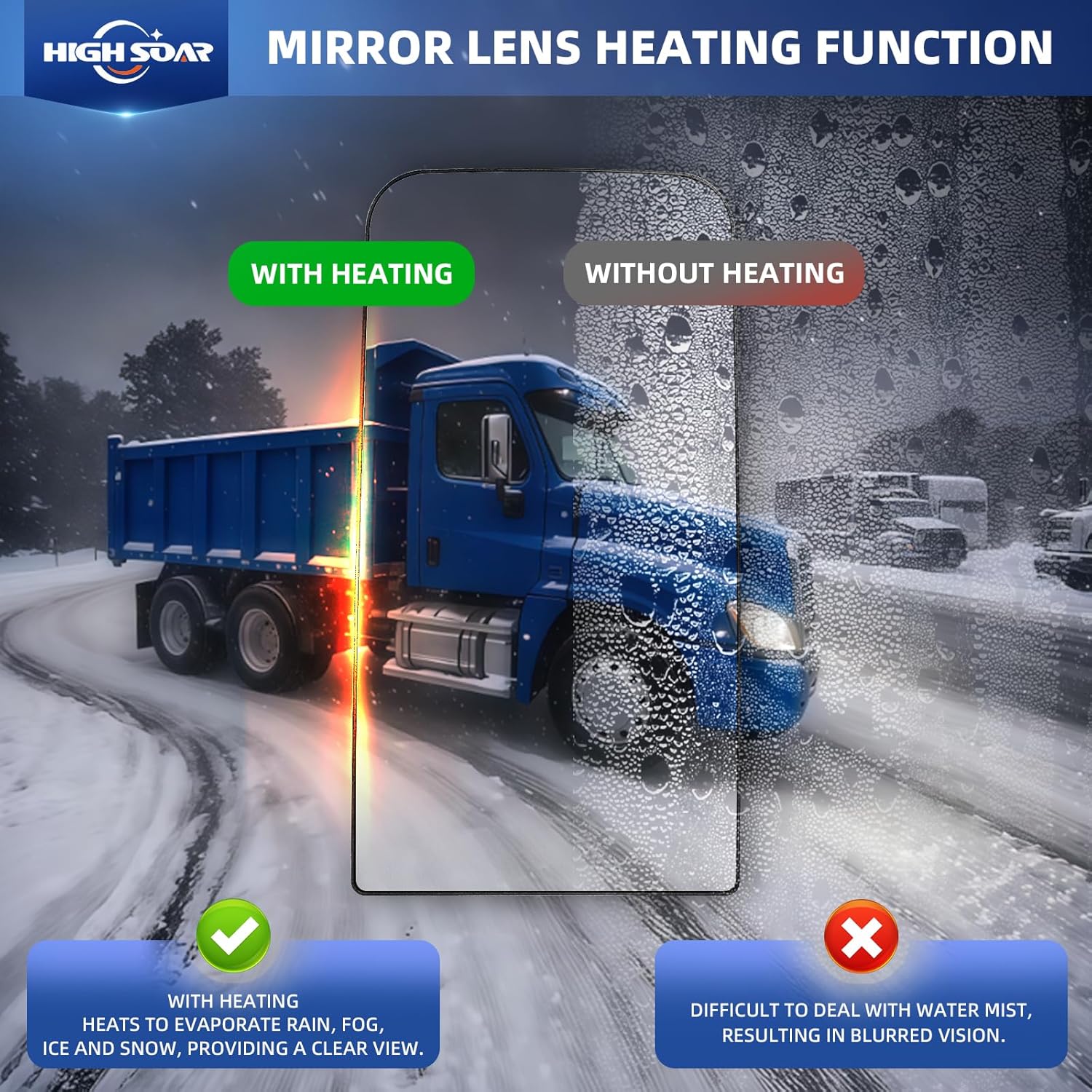 High Soar Upper Mirror Glass for Freightliner Cascadia 2008-2017, Door Main Mirror Glass Replacement with Defrost Heated for Freightliner Cascadia Driver Left &Passenger Right Side Universal Side