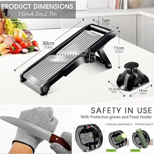 Miniatura 2 de HEVOL Cortador de mandolina ajustable, cortador de alimentos de acero inoxidable 5 en 1 con cepillo extra y guantes resistentes a los cortes,