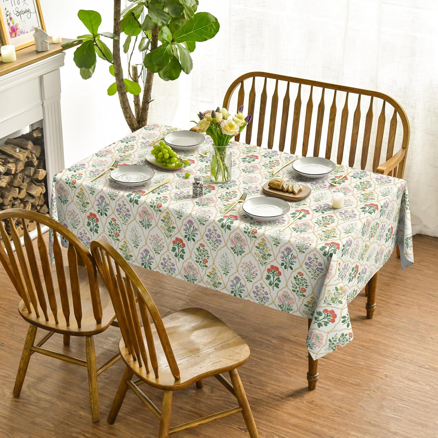 Horaldaily Spring Tablecloth 60×84 Inch Rectangular, Beige Vintage Art Deco Floral Washable Seasonal Table Cover for Party Picnic Dinner Decor - Image 2