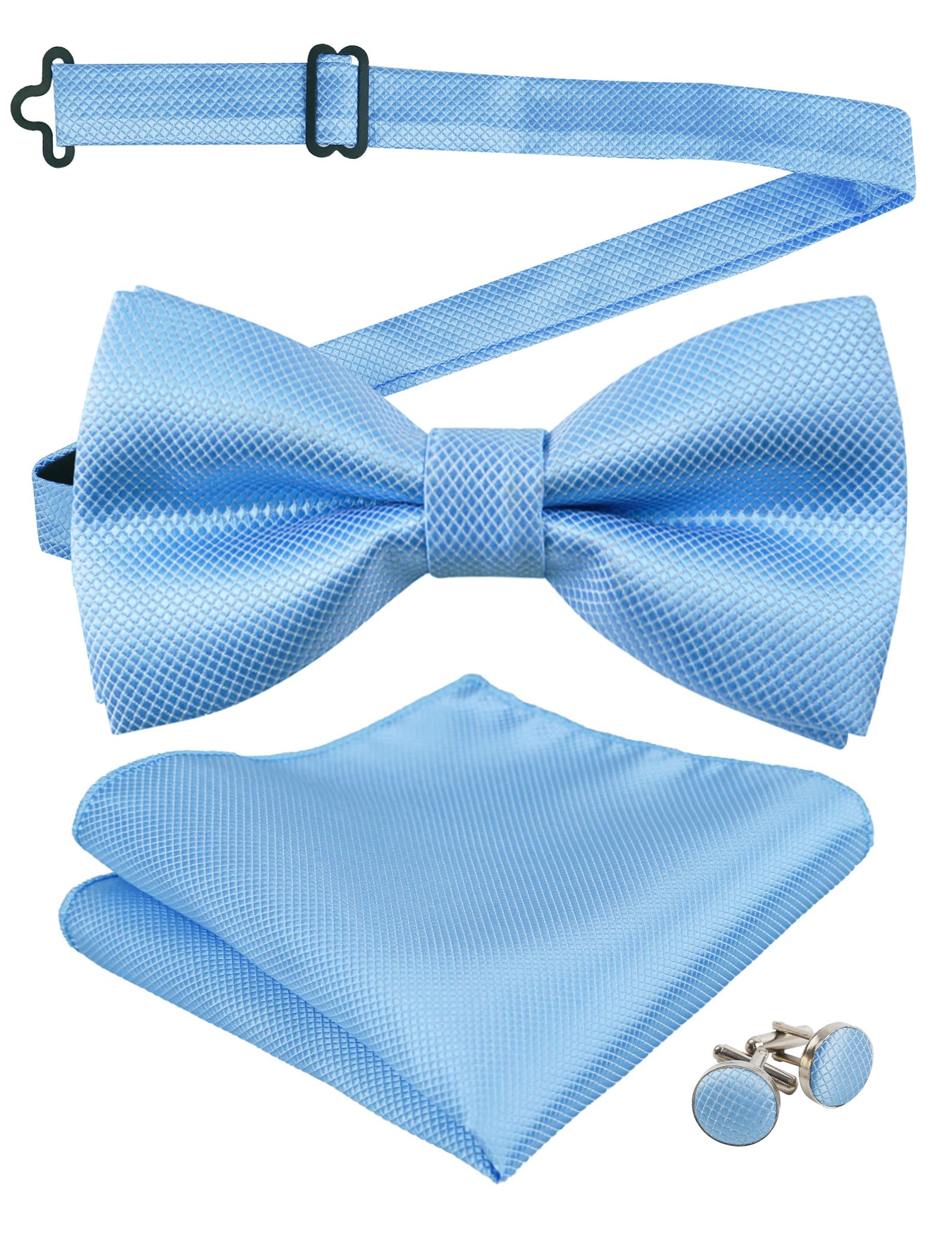 Alizeal Solid Pre-tied Bow Tie Cufflinks Hanky Set for Men Neck Wear, light blue