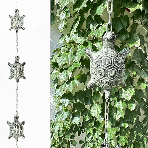 Miniatura 7 de NIKKAPOETRY Cadena de lluvia de tortugas de acero inoxidable y hierro fundido de 8.5 pies para canaletas, verde