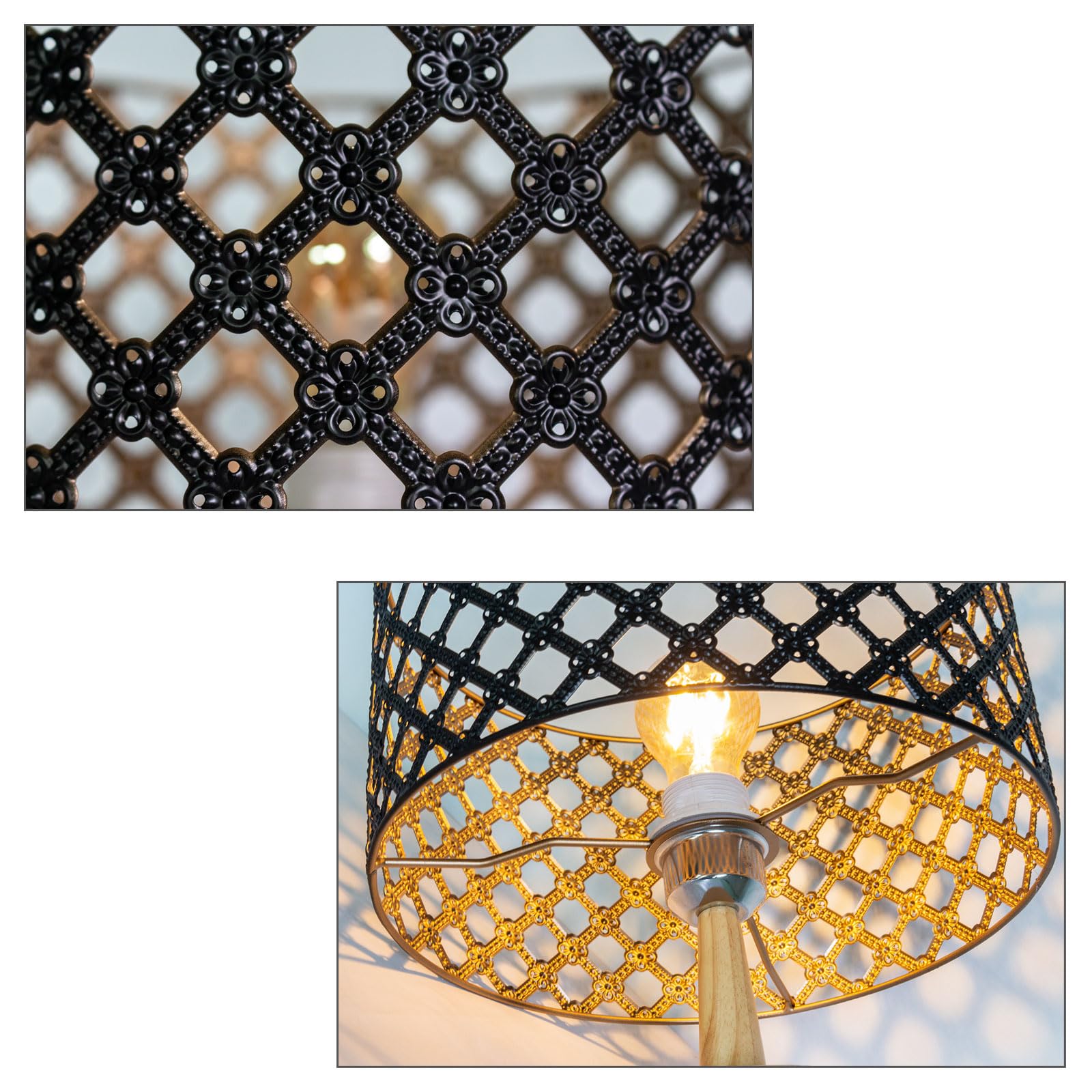 Okrągły klosz w stylu vintage, metalowy, czarno-złoty, wydrążony w kształcie bębna, do lampy stojącej, lampy wiszącej, lampy stołowej, lampy sufitowej