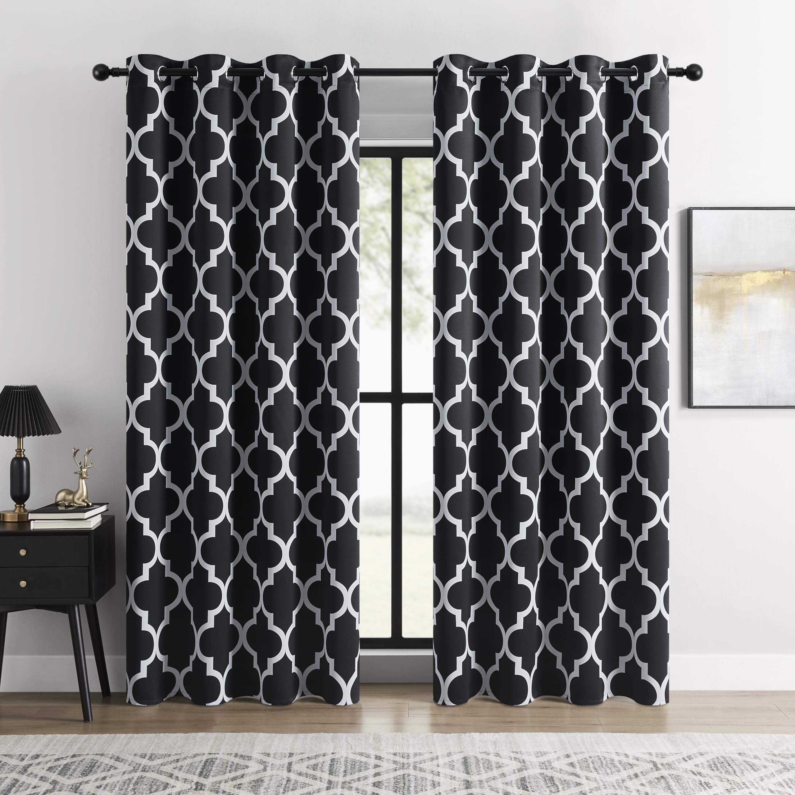 BOHOMOCASA 100% Blackout Curtains – Classic Black and White Moroccan Curtains, 2 Panels, Each W52×L96, Thermal Insulated, Nosie Reducing for Bedroom and Living Room — image 1