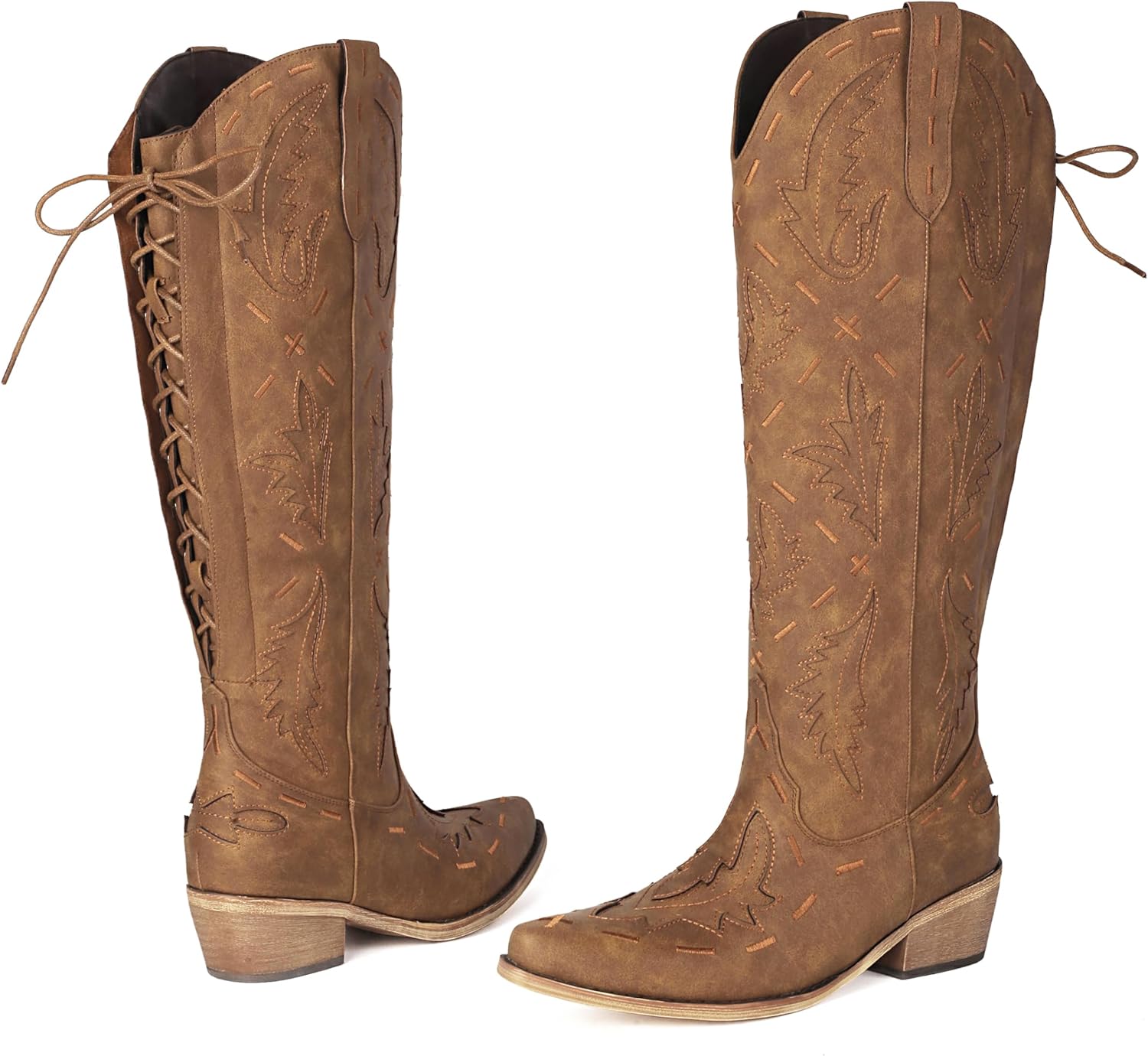 Wide Calf Cowboy Boots Women Knee High Embroidered Western Cowgirl Boot Back Lace Up Chunky Heels Pointed Toe Side Zipper