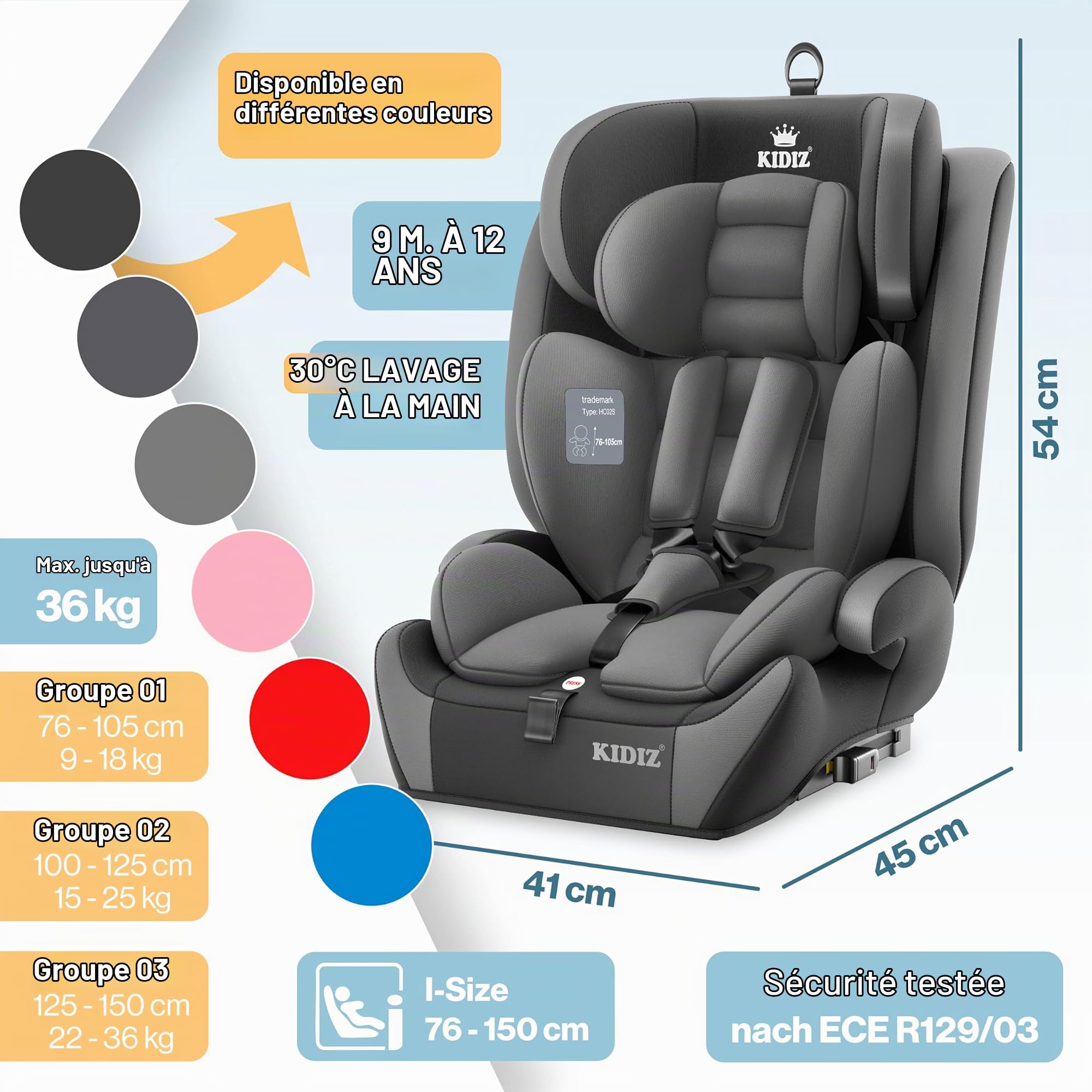 KIDIZ® Siège auto pour enfant avec Isofix i-Size R129 de 100 à 150 cm jusqu'à 12 ans, groupe 1/2/3, siège auto grandit, harnais 5 points et appuie-tête réglable en hauteur, gris