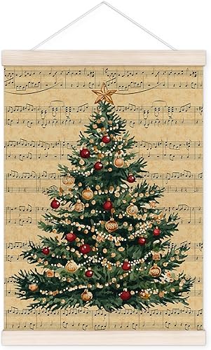 Colgador de póster vintage para árbol de Navidad con marco de madera, partituras de música retro de Navidad, decoración de pared para el hogar,