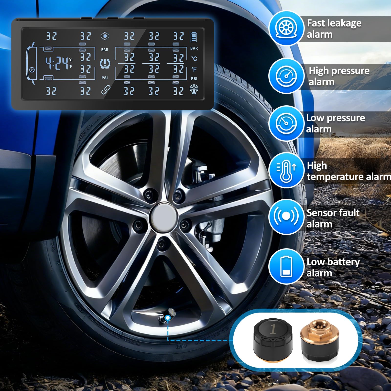 13Bar/199Psi TPMS Sistema di Monitoraggio della Pressione Controllo degli Pneumatici per Camion con 12 Sensori di Pressione dei Pneumatici Esterni per 10/12 Ruote Van Trattore Camion Pesante
