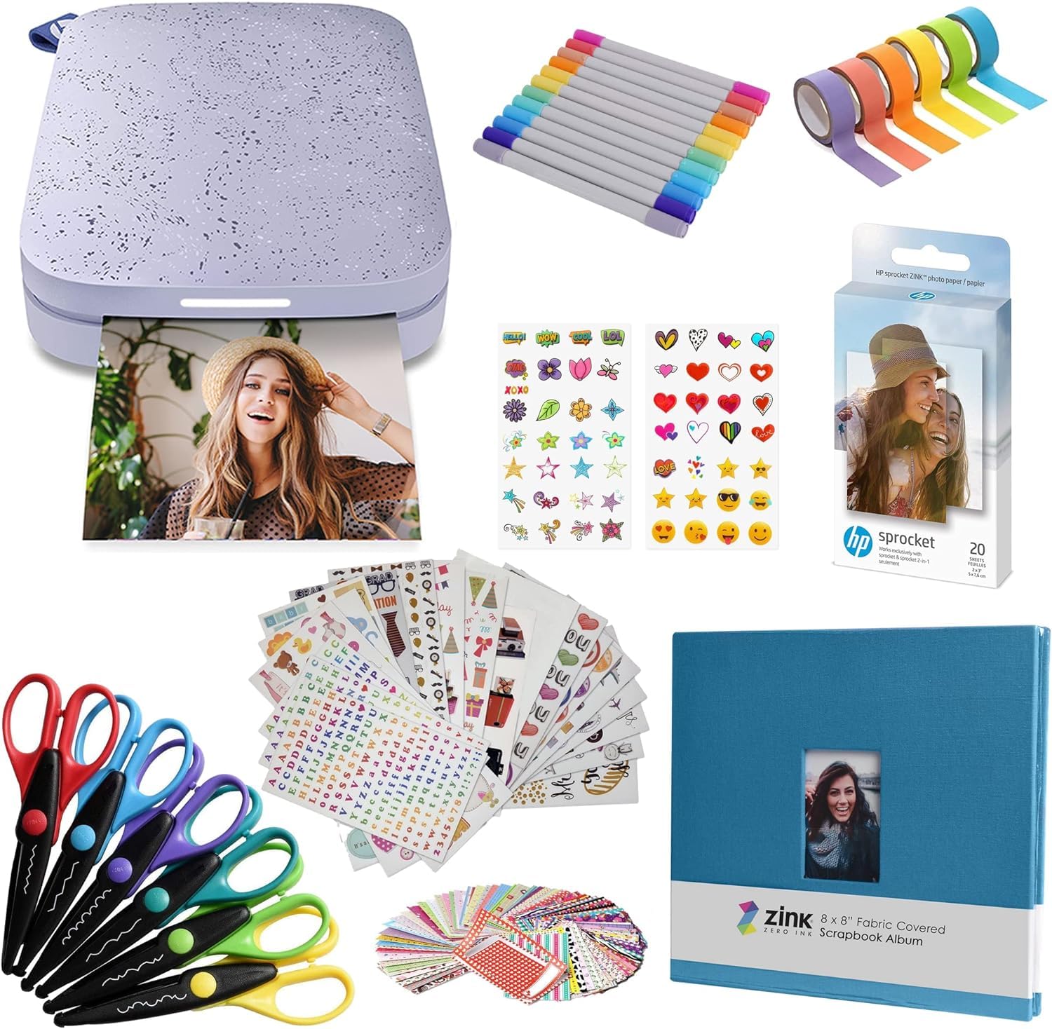 HP Sprocket przenośna 5,1 x 7,6 cm natychmiastowa drukarka fotograficzna (Fioletowy) pakiet: Naklejki, markery, 20 sztuk papieru cynkowego, scrapbooking, naklejki, nożyczki