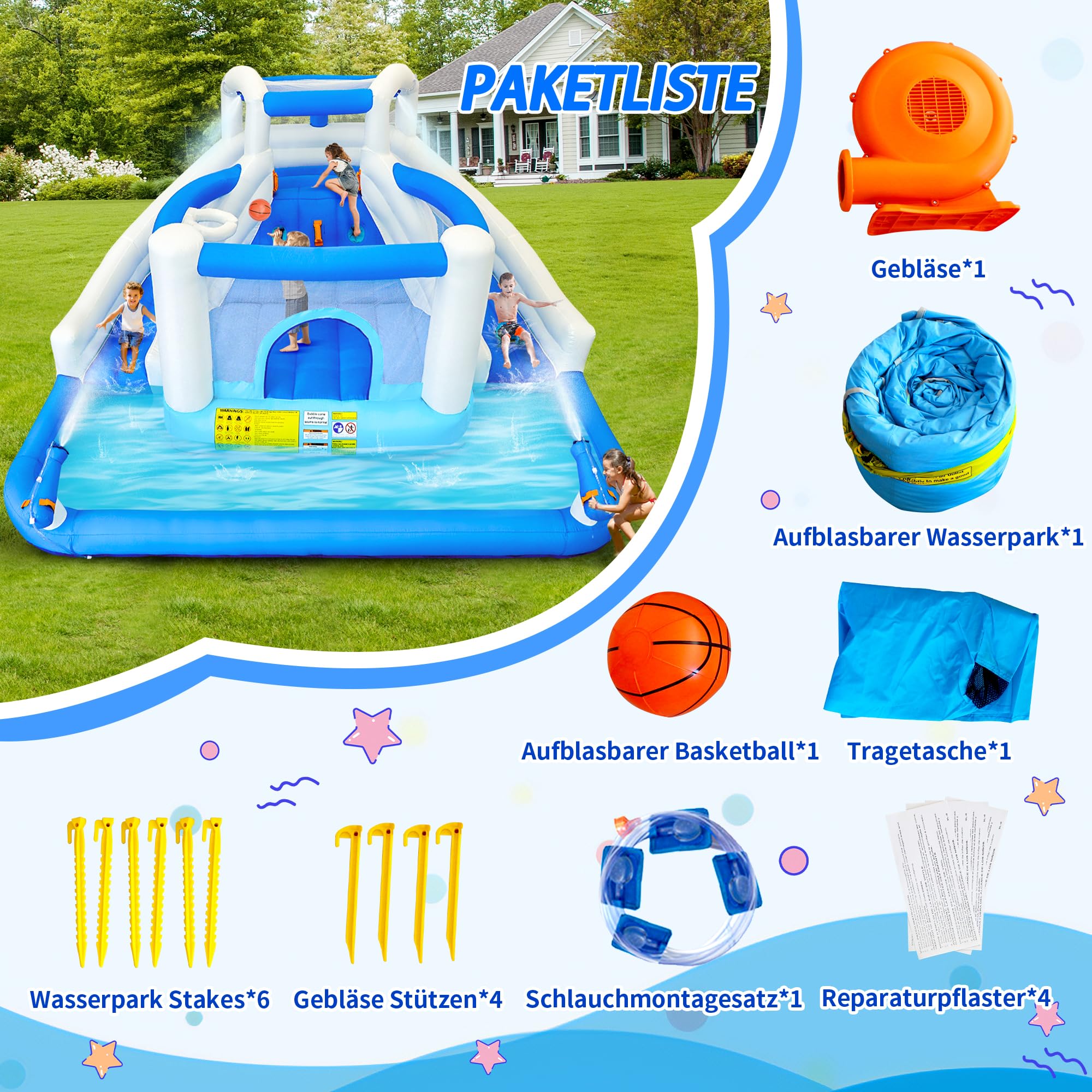 Castillo hinchable con tobogán acuático, trampolín, canasta de baloncesto y 2 pistolas de agua, castillo hinchable para niños, adecuado para jardín y fiesta