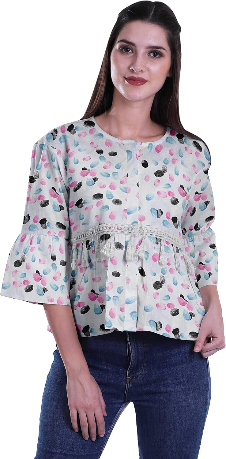 Moomaya Boho Tops Cotton Casual Loose Blouses Summer Wear Top Round Neck T Shirt