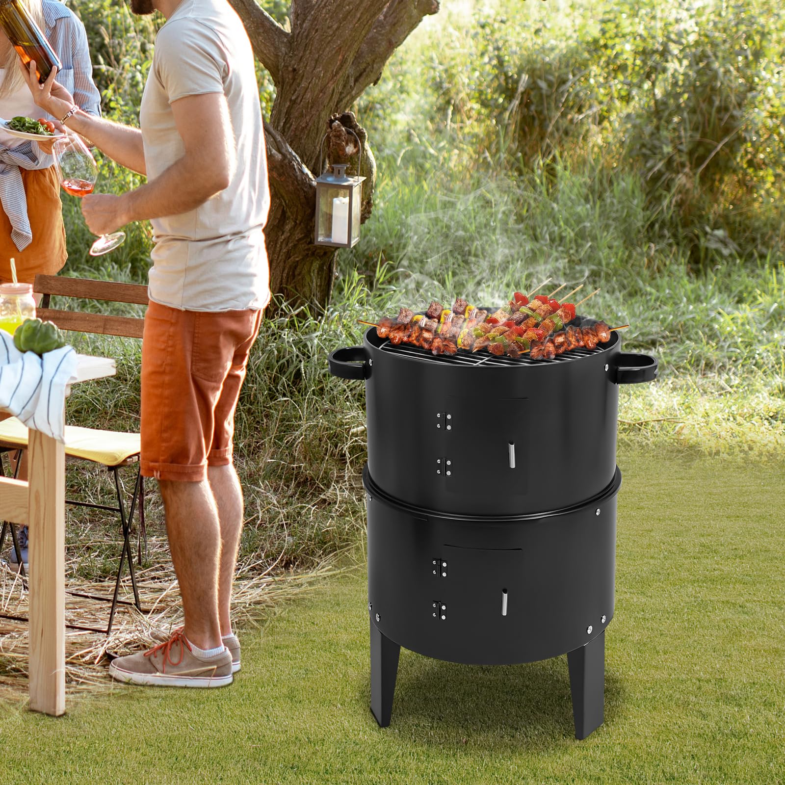 Zdejmowany piec wędzarniczy 3 w 1, wielofunkcyjny, dwuwarstwowy grill na węgiel drzewny, grill wędzarniczy z termometrem i regulowanym wyciągiem powietrza na pokrywie, kolor czarny
