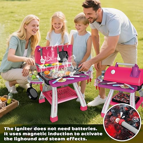 Miniatura 4 de Juego de juguetes de cocina rosa, juego de parrilla para niños con humo, sonido y luz, juego de chef, juguetes interactivos de cocina, regalo de