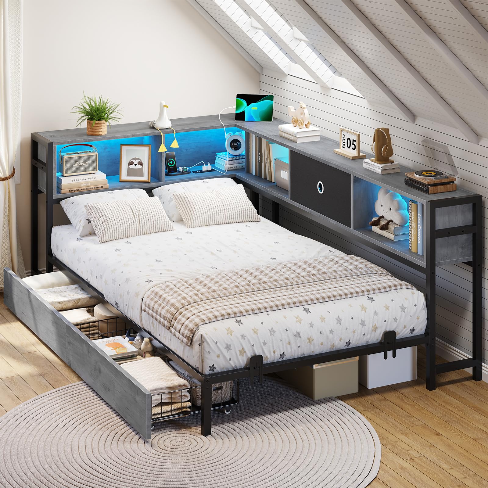 DICTAC 3ft Single Bed 90x190 with 2 Storage Drawers, Single Storage bed with LED Lights & Charging Station, Day Bed with Storage, Oak Grey LED Corner Bed–L-Shaped Space-Saving Single Bed Frame, Modern — image 1