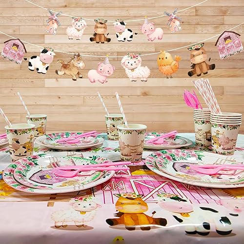 Miniatura 7 de Suministros de fiesta de animales de granja, decoración de fiesta de cumpleaños de granja para bebé, mantel, plato, taza, pajitas, juego de vajilla