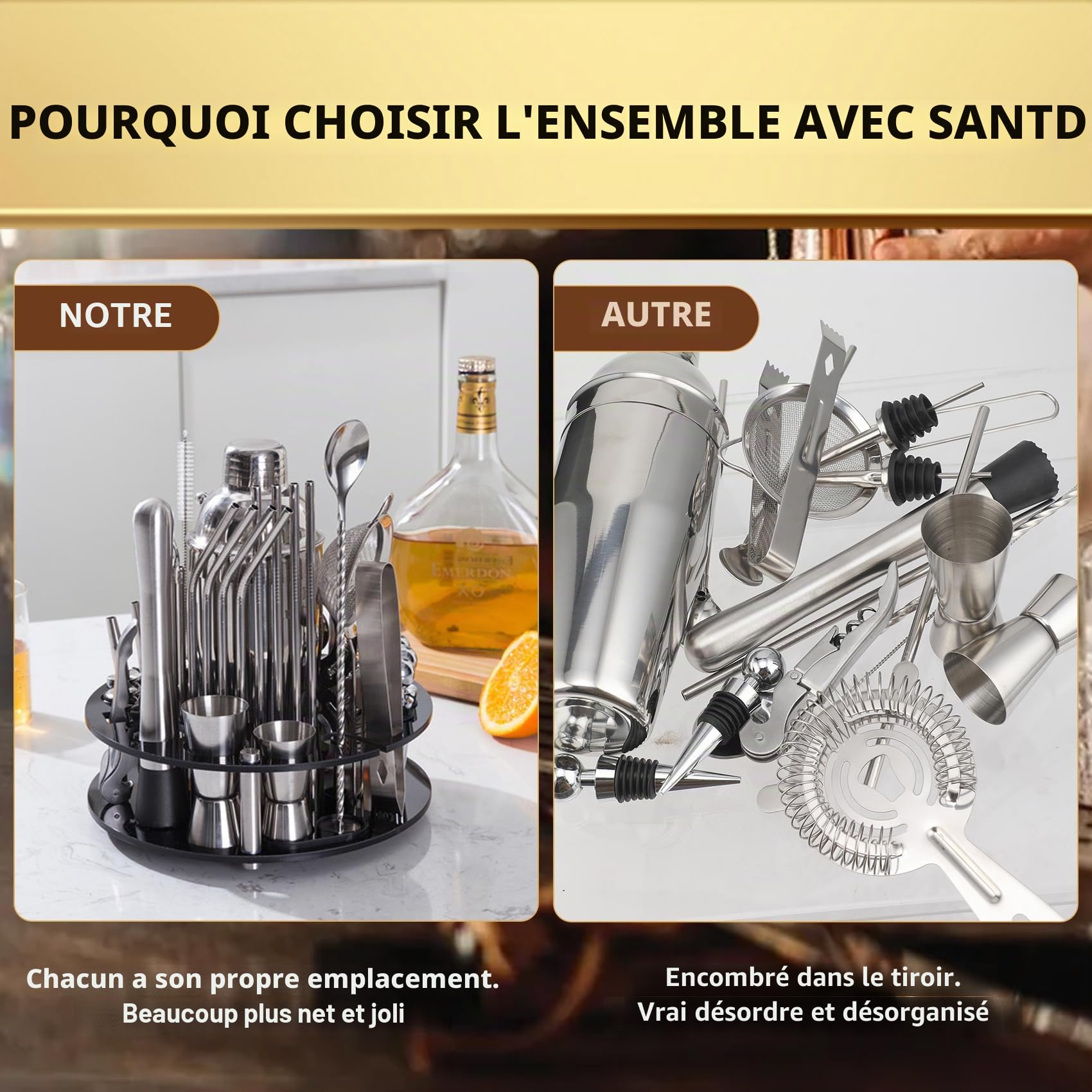 Set de Cocktail CKductpro,41 pièces en Acier Inoxydable,Support Rotatif à 360° en Acrylique,Kit de Barman Bar Gift Set