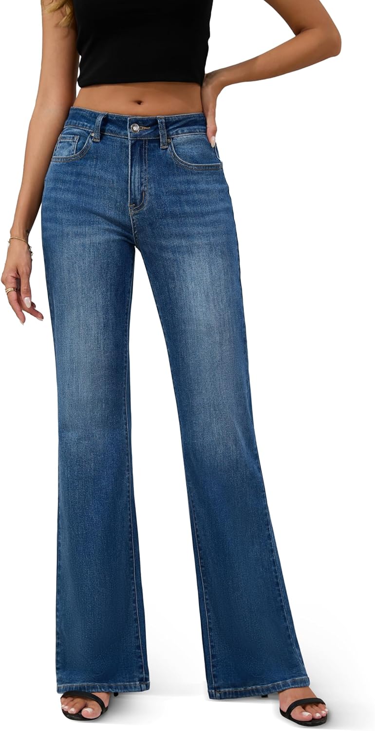 FLYING BANANA Women's High Rise Wide Leg Baggy Stretchy Loose Flare Bell Bottom Denim Jeans